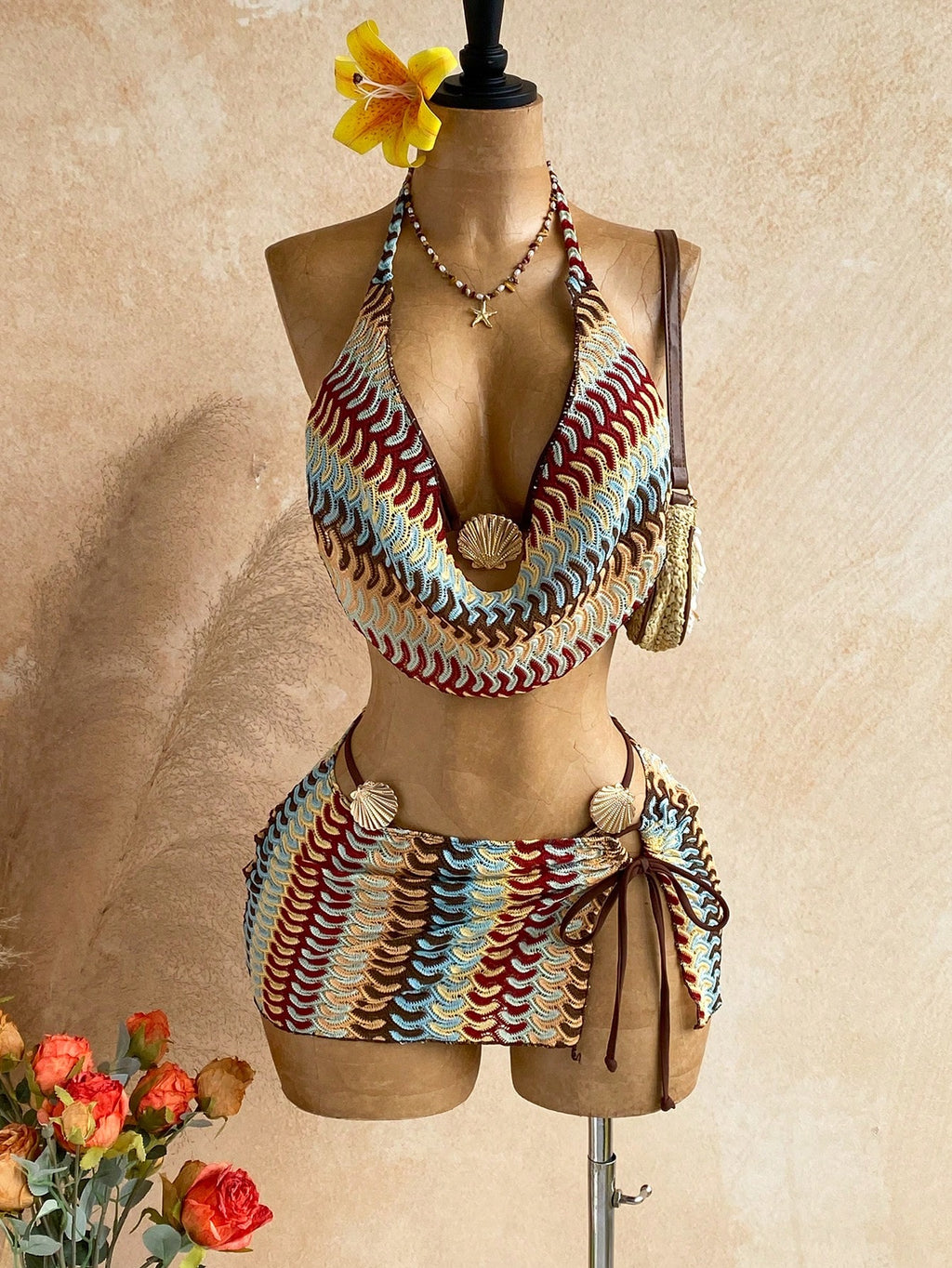Soleia Women's Summer Beach Patchwork Halter Tie Tankini Top And