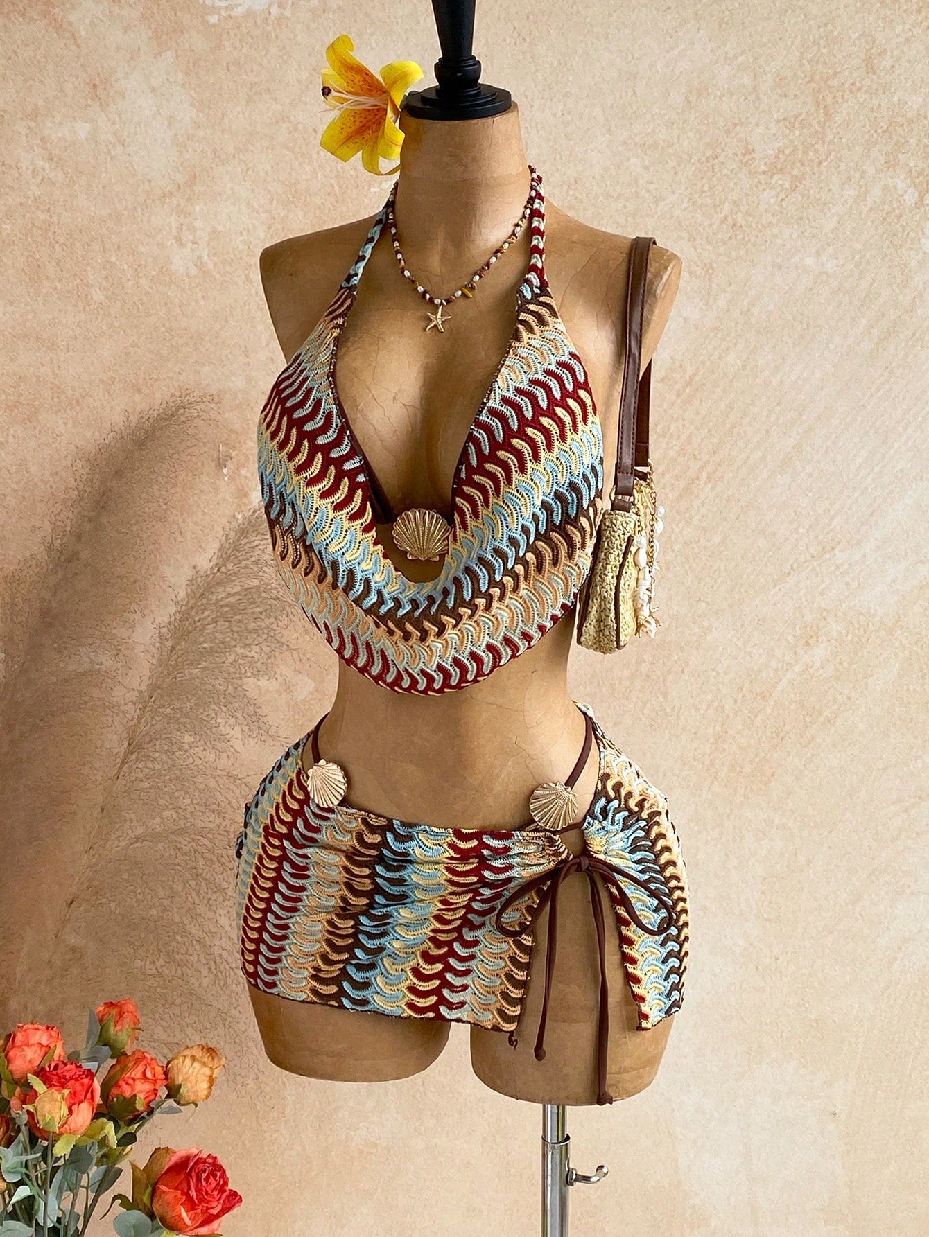 Soleia Women's Summer Beach Patchwork Halter Tie Tankini Top And