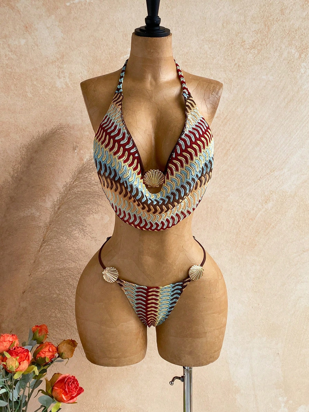 Soleia Women's Summer Beach Patchwork Halter Tie Tankini Top And