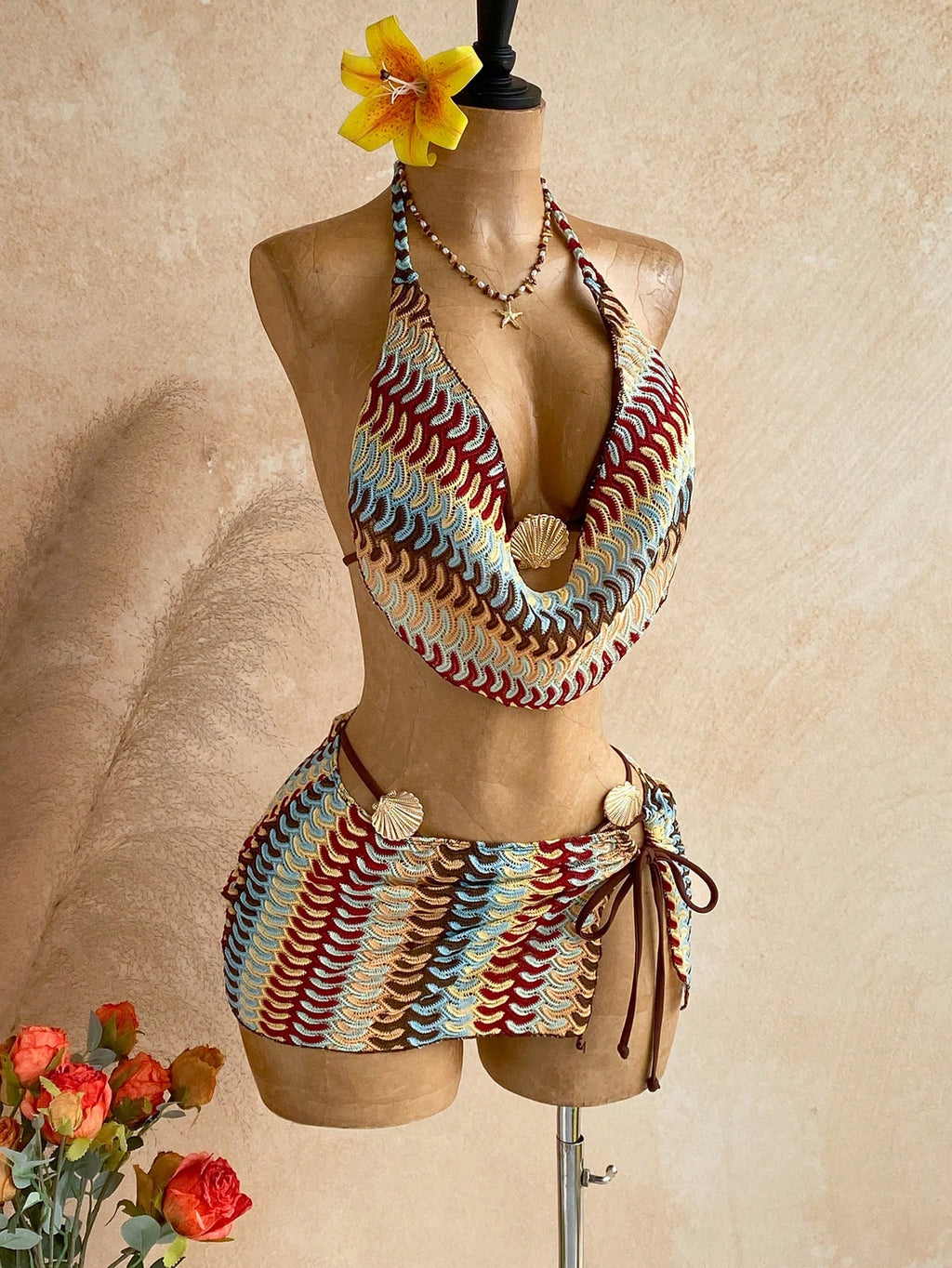 Soleia Women's Summer Beach Patchwork Halter Tie Tankini Top And