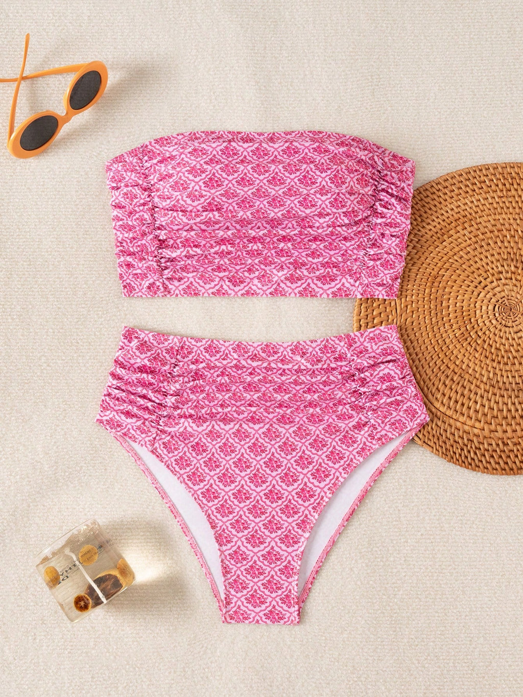 Swim Chiccia Women's Solid Color Bandeau Ruched Bikini Set