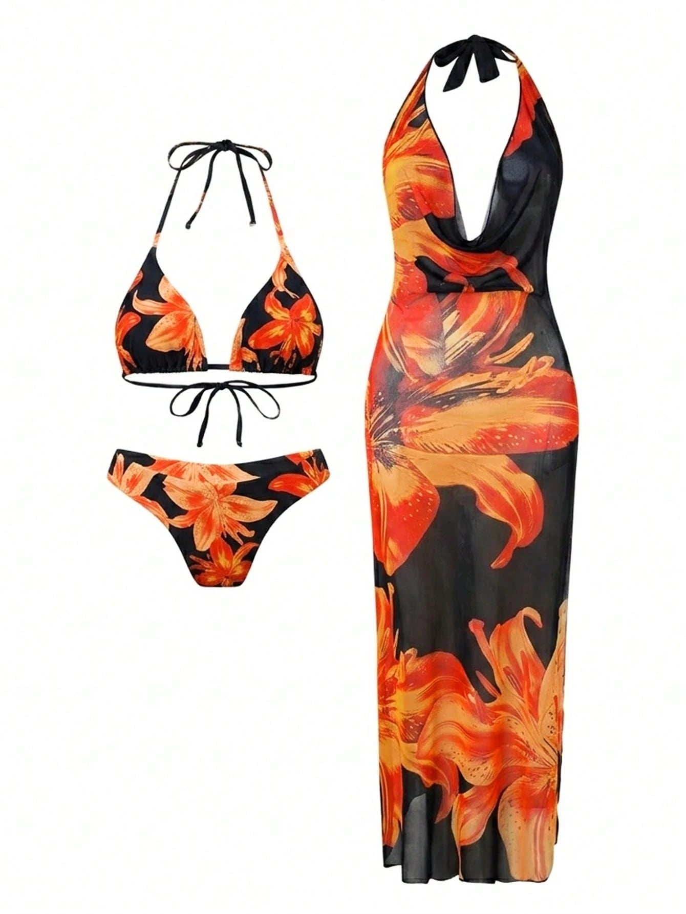Sirith 3pcs/Set Premium Printed Spaghetti Strap Halter Bikini Top, V-Cut Bottoms & Long Flowy Printed Mesh - image 11