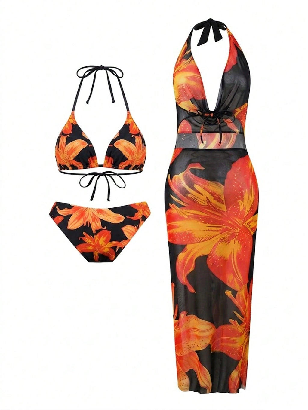 Sirith 3pcs/Set Premium Printed Spaghetti Strap Halter Bikini Top, V-Cut Bottoms & Long Flowy Printed Mesh - image 16