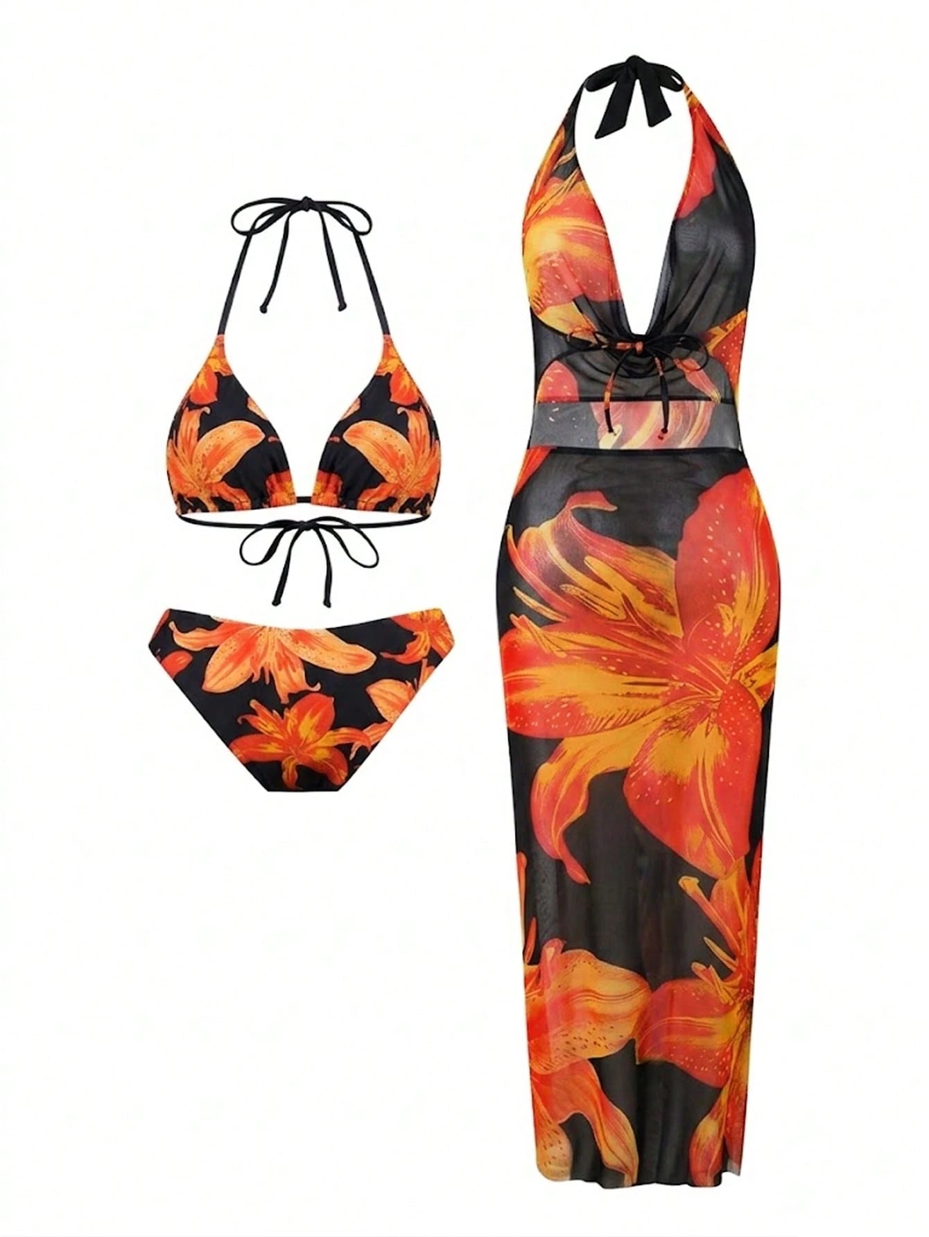 Sirith 3pcs/Set Premium Printed Spaghetti Strap Halter Bikini Top, V-Cut Bottoms & Long Flowy Printed Mesh - image 16