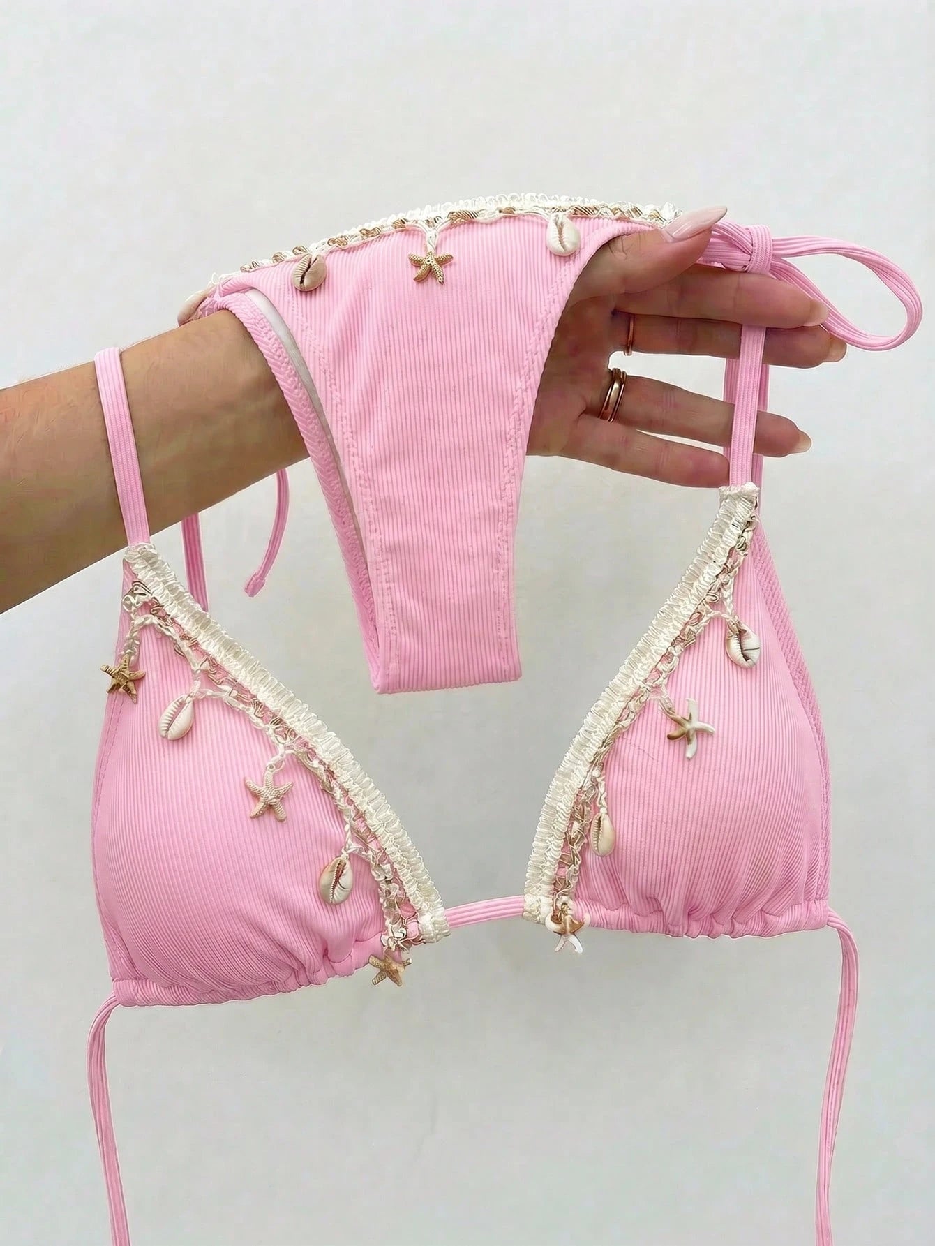 Bikinx Women's Solid Color Satin Ribbon & Shell Decor Triangle Cup