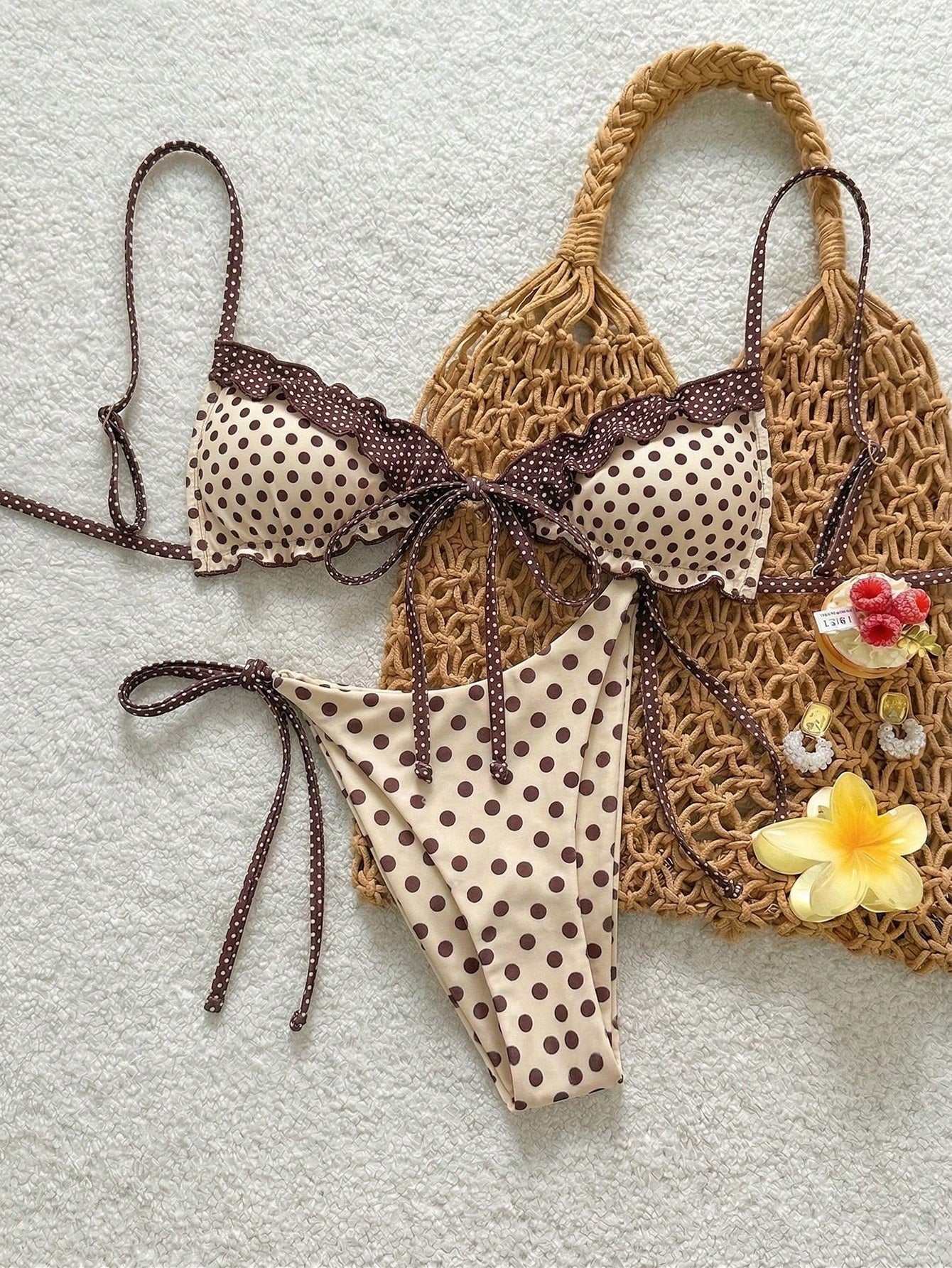 Swim Mod New Polka Dot Print Ruffled Halter Bikini Set, Sexy Cute