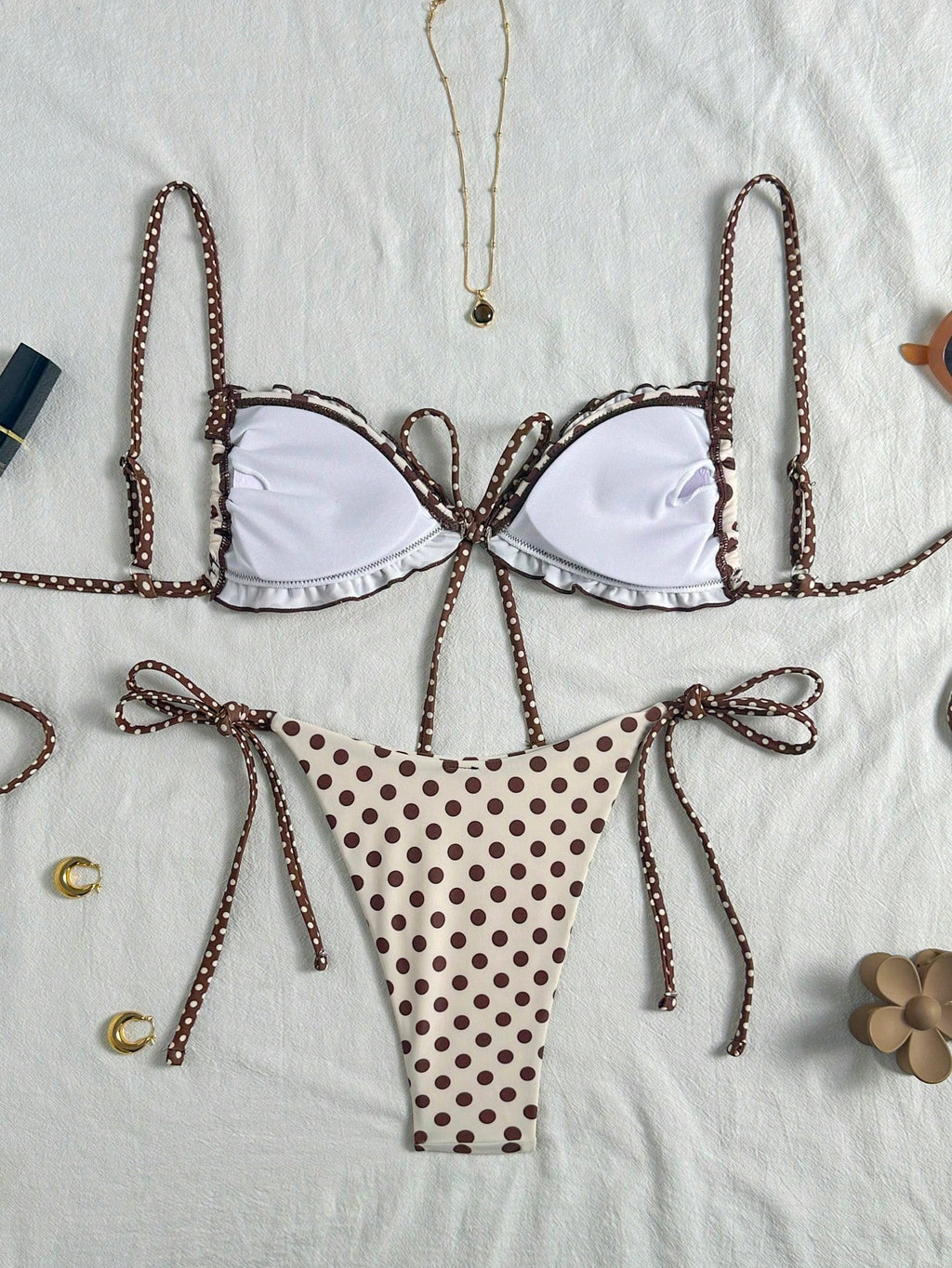 Swim Mod New Polka Dot Print Ruffled Halter Bikini Set, Sexy Cute