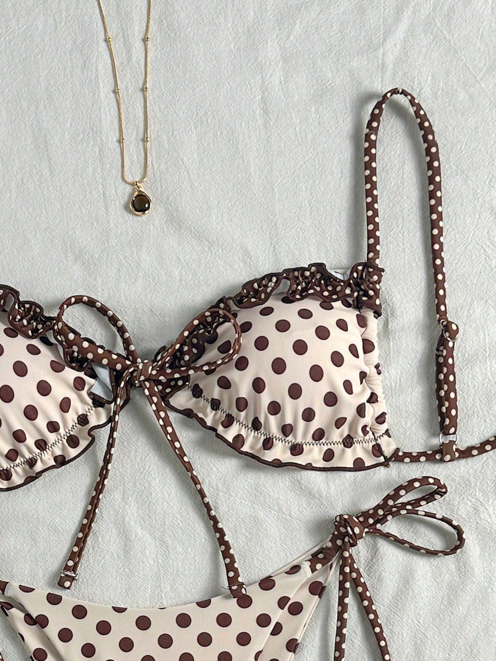 Swim Mod New Polka Dot Print Ruffled Halter Bikini Set, Sexy Cute