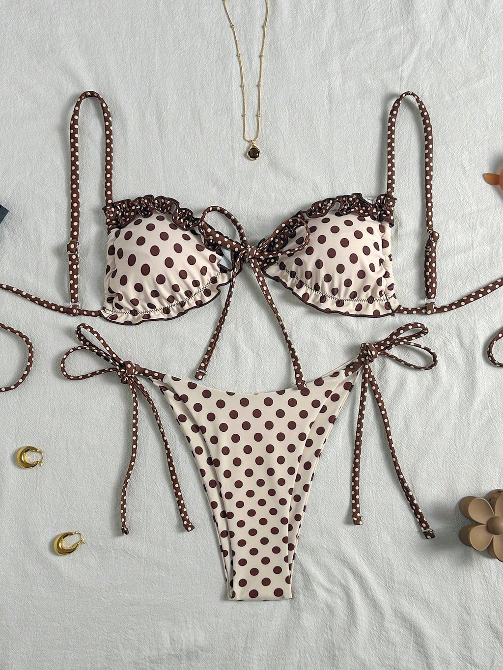 Swim Mod New Polka Dot Print Ruffled Halter Bikini Set, Sexy Cute