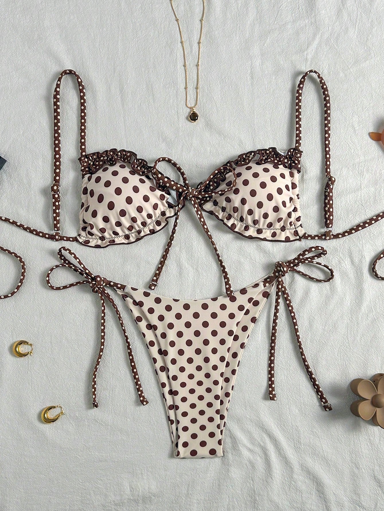 Swim Mod New Polka Dot Print Ruffled Halter Bikini Set, Sexy Cute