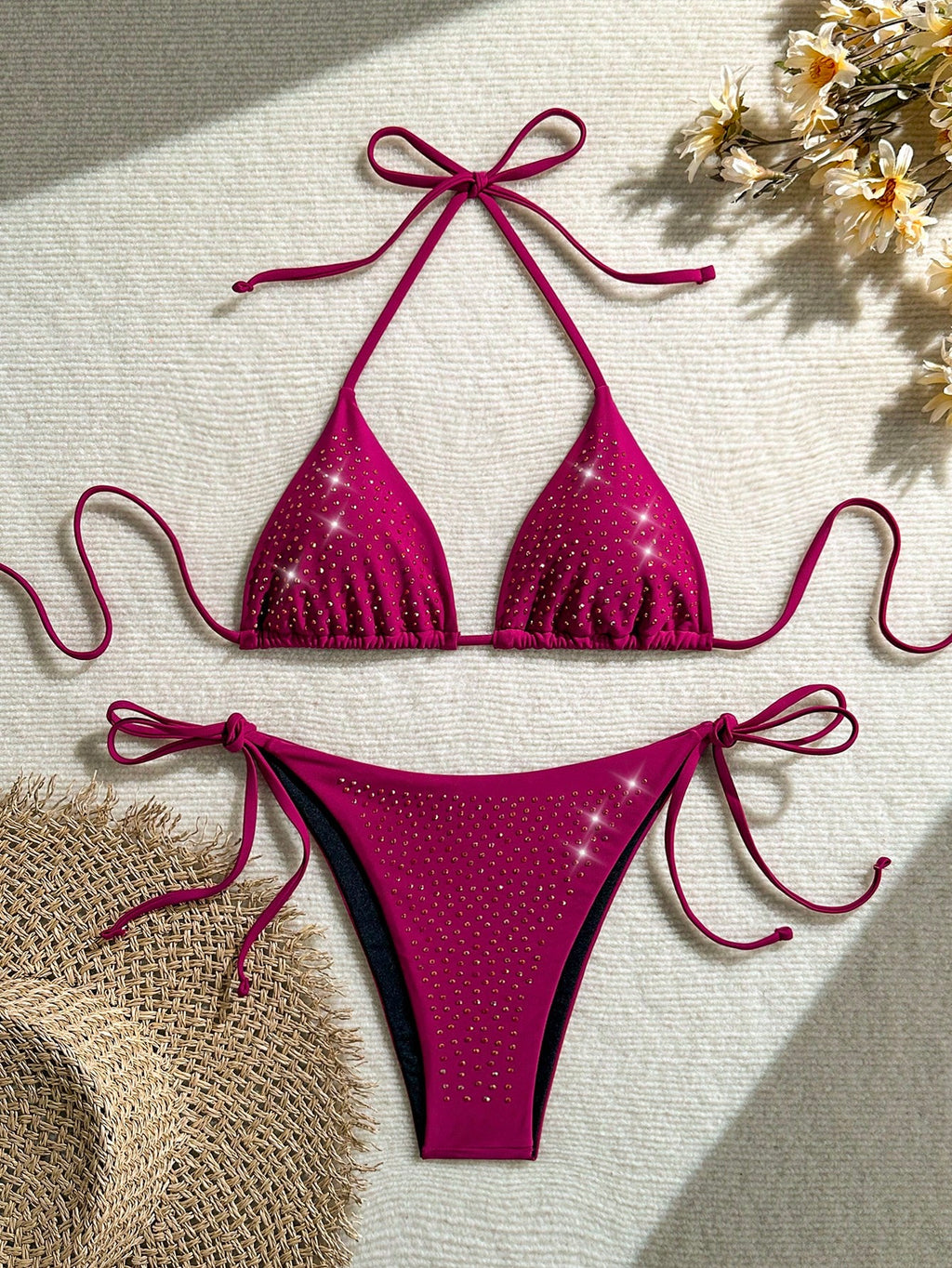 Summer Black Rhinestone Decor Bikini 2 Pieces Set, Fitted