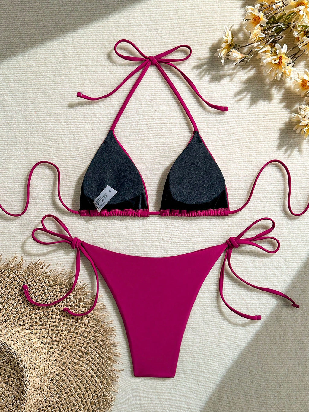 Summer Black Rhinestone Decor Bikini 2 Pieces Set, Fitted