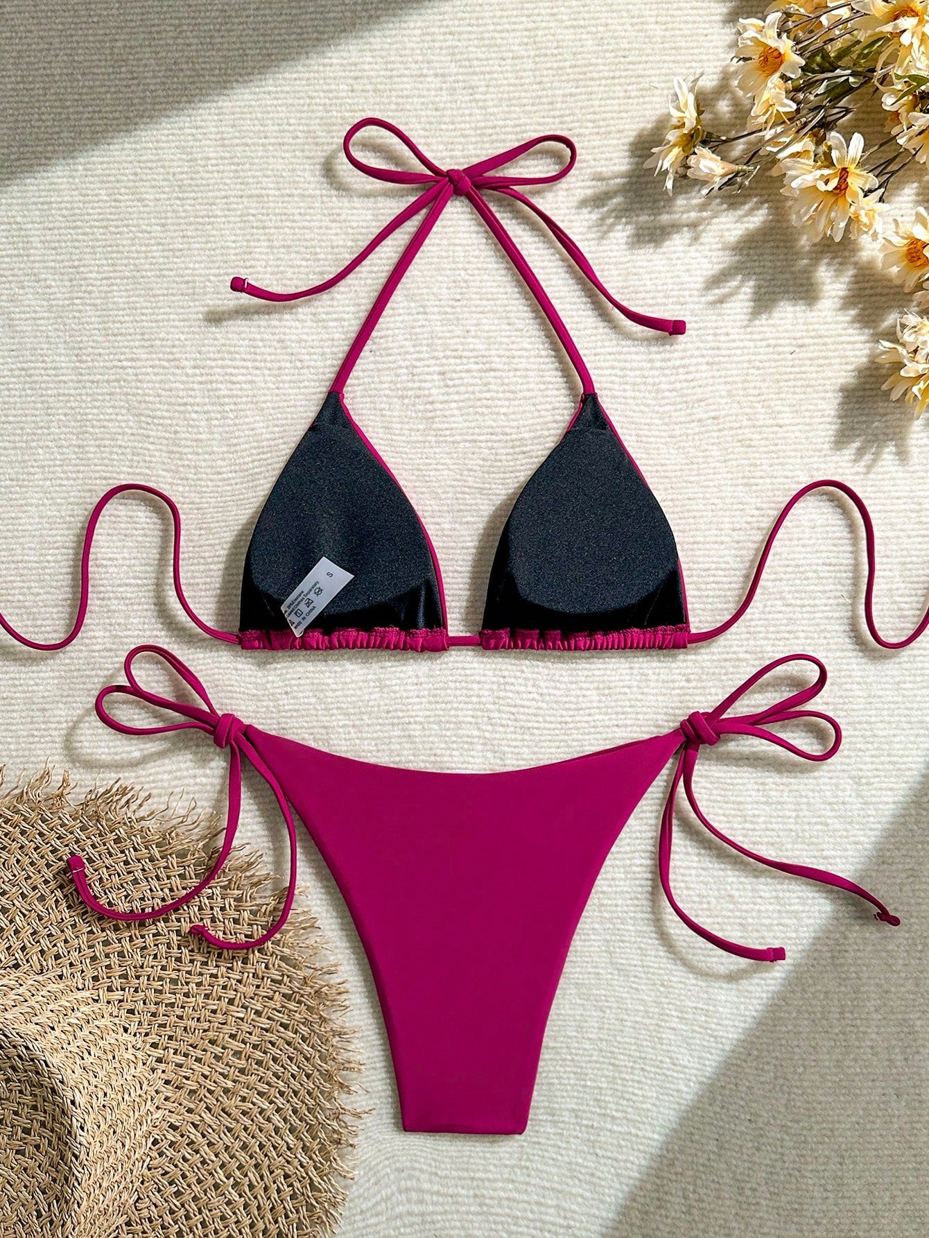 Summer Black Rhinestone Decor Bikini 2 Pieces Set, Fitted