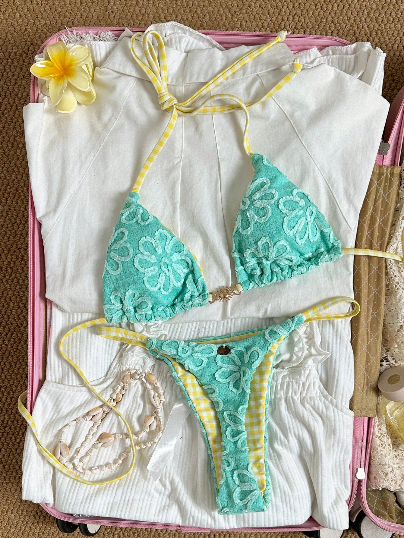 Swim Mod Women's Cute Butter Yellow Sunflower Fabric Floral Plaid