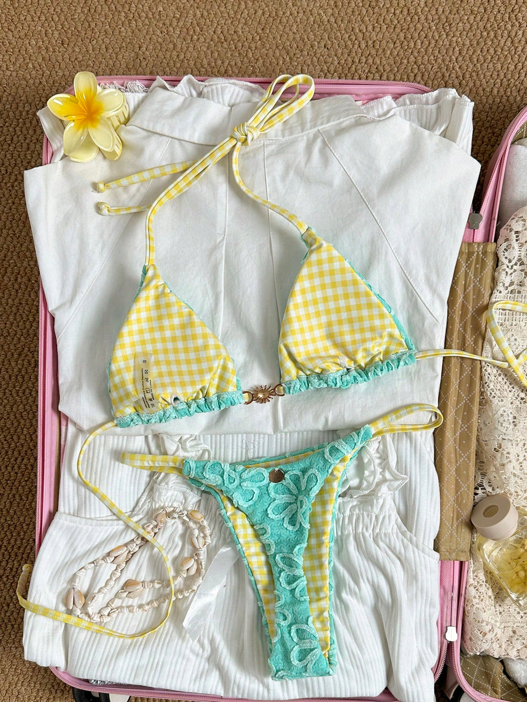 Swim Mod Women's Cute Butter Yellow Sunflower Fabric Floral Plaid Reversible V-N