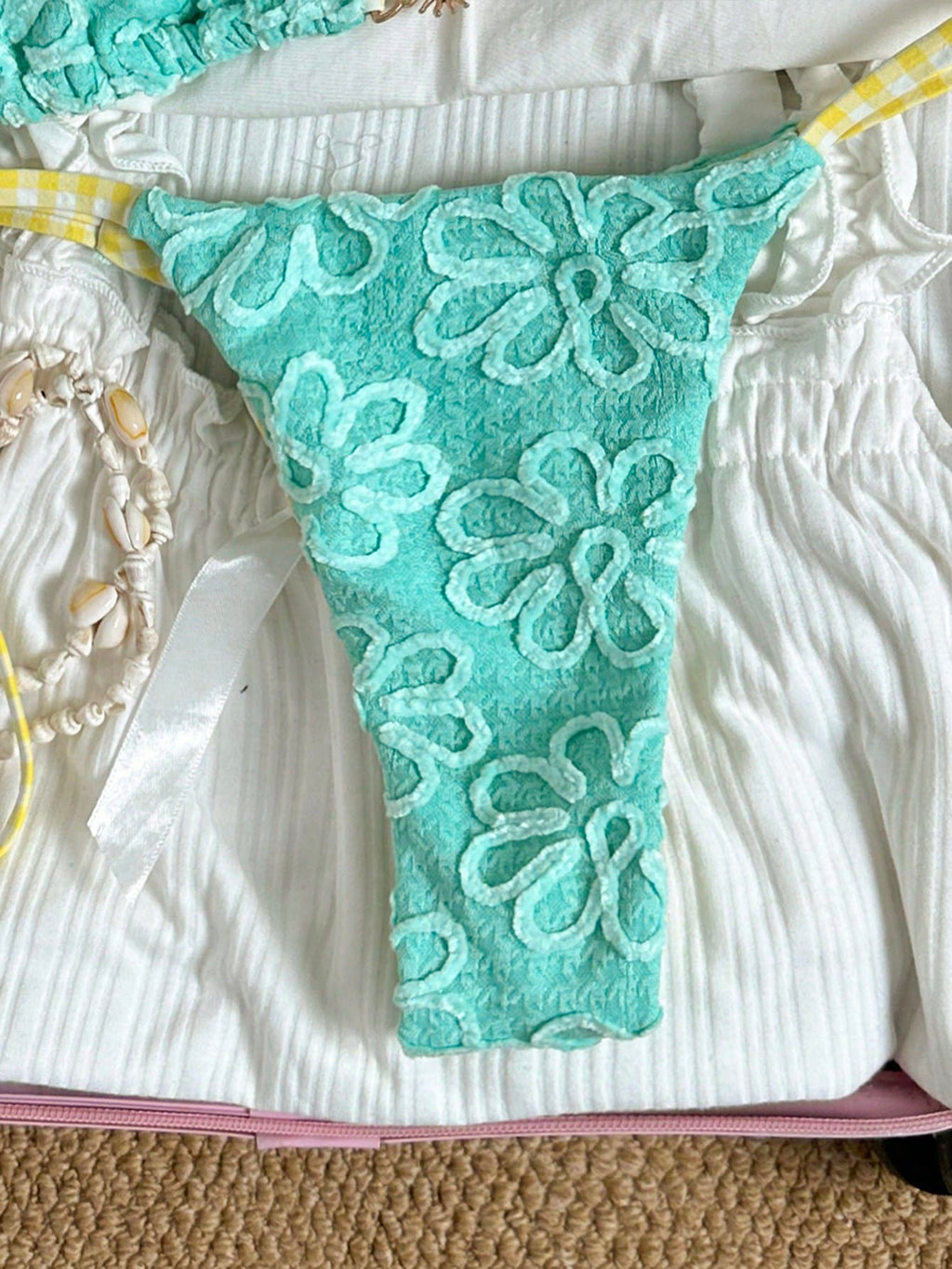 Swim Mod Women's Cute Butter Yellow Sunflower Fabric Floral Plaid Reversible V-N