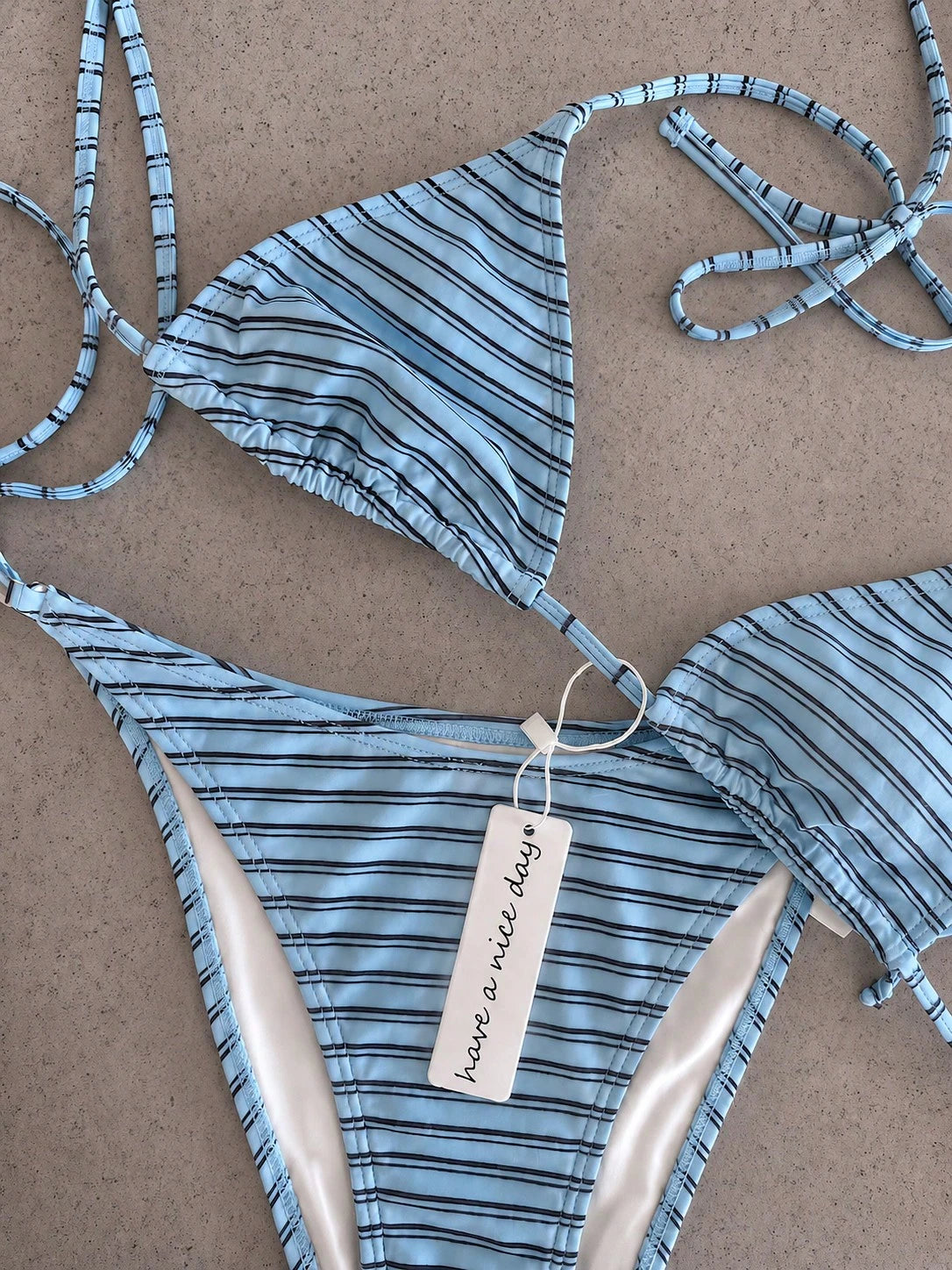 Retro Navy Blue & Black Striped Spaghetti Strap Tie Bikini Set, Sexy
