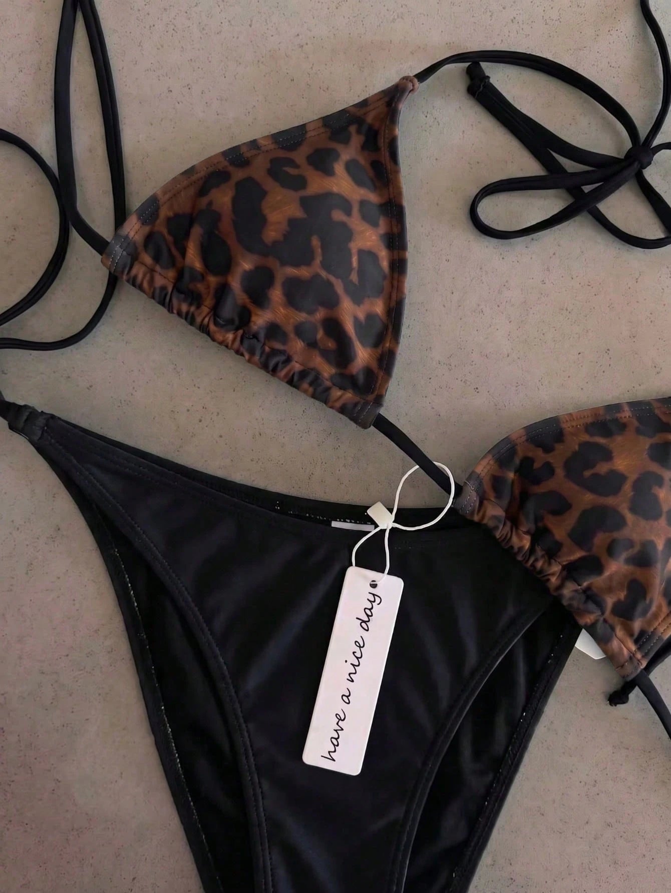 Retro Navy Blue & Black Striped Spaghetti Strap Tie Bikini Set, Sexy