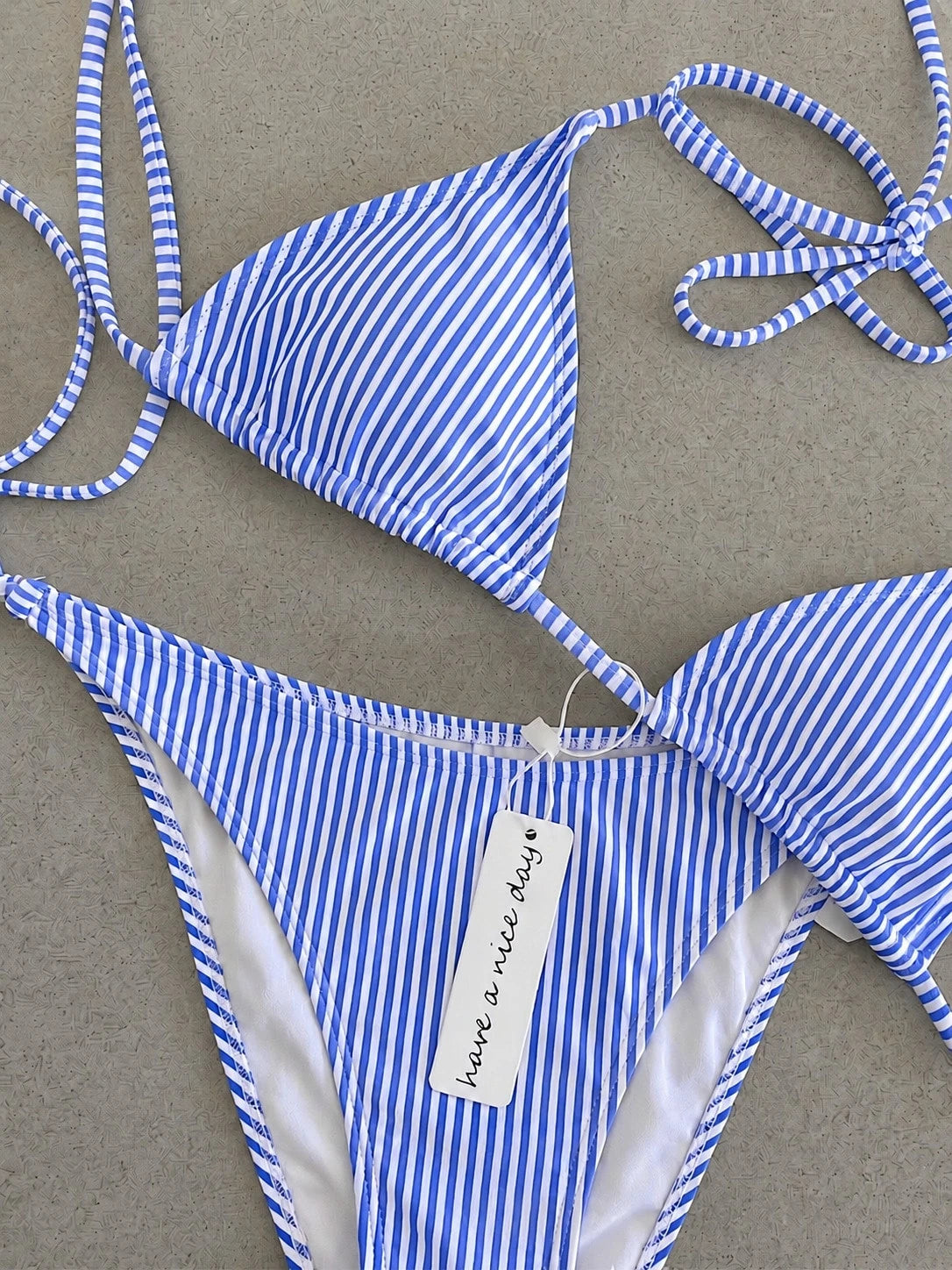 Retro Navy Blue & Black Striped Spaghetti Strap Tie Bikini Set, Sexy