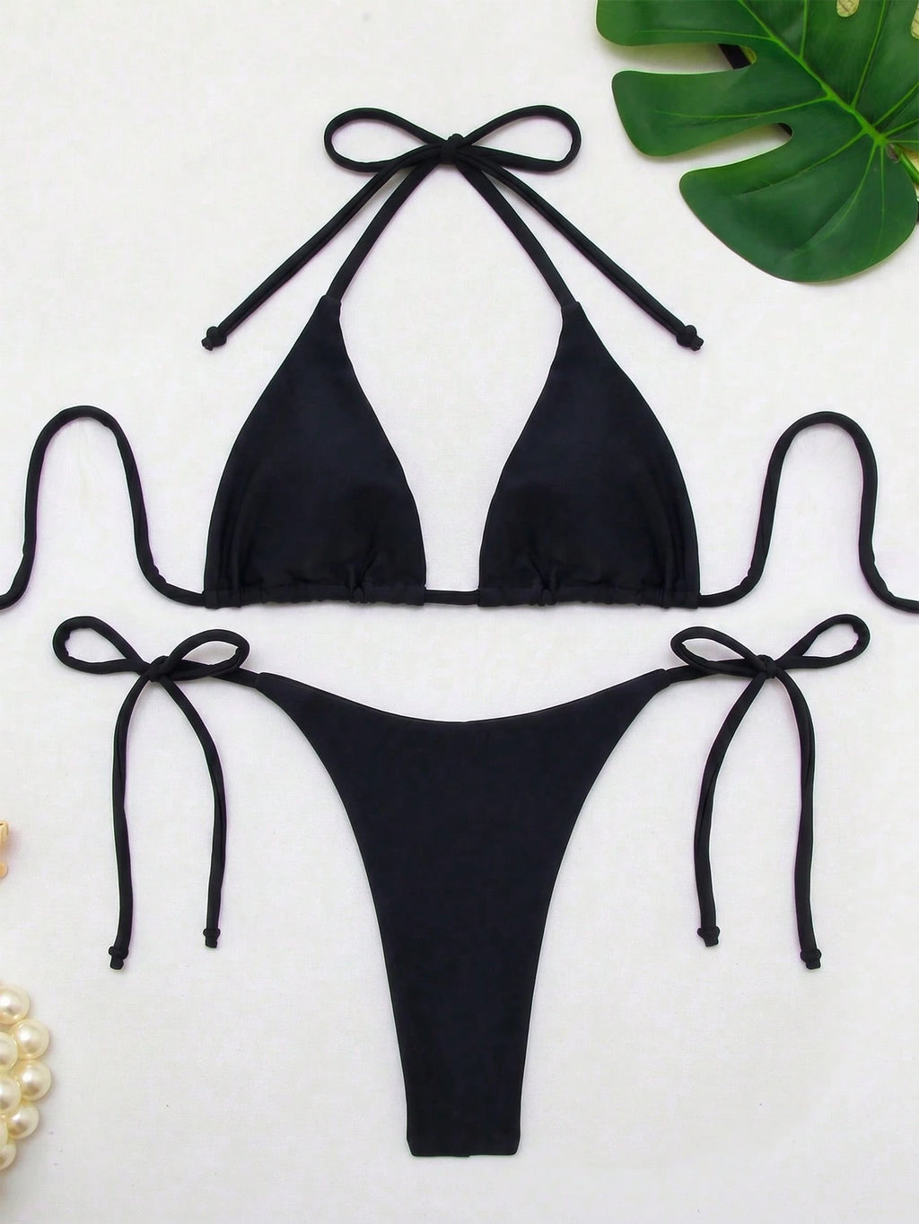 Women's Solid Color Triangle Bikini Set With Drawstring Sexy Halter Neck For Beach Vacation Summer Pink - image 5