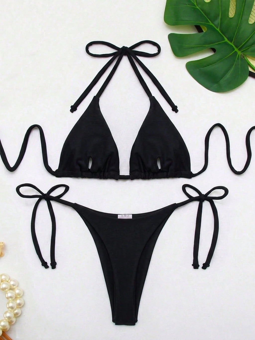 Women's Solid Color Triangle Bikini Set With Drawstring Sexy Halter Neck For Beach Vacation Summer Pink - image 6