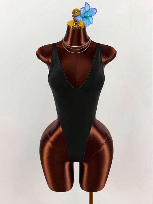 Amplova Women's Deep V-Neck Sexy One-Piece Backless Swimsuit, High Cut Ultra Sexy Swimwear With Thong - image 2