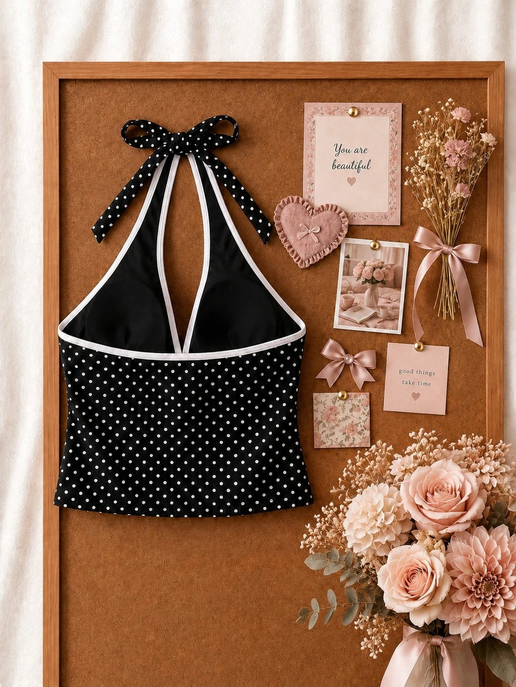 New Summer Fresh Sweet Cute Blue & White Polka Dot Halter Neck Bikini