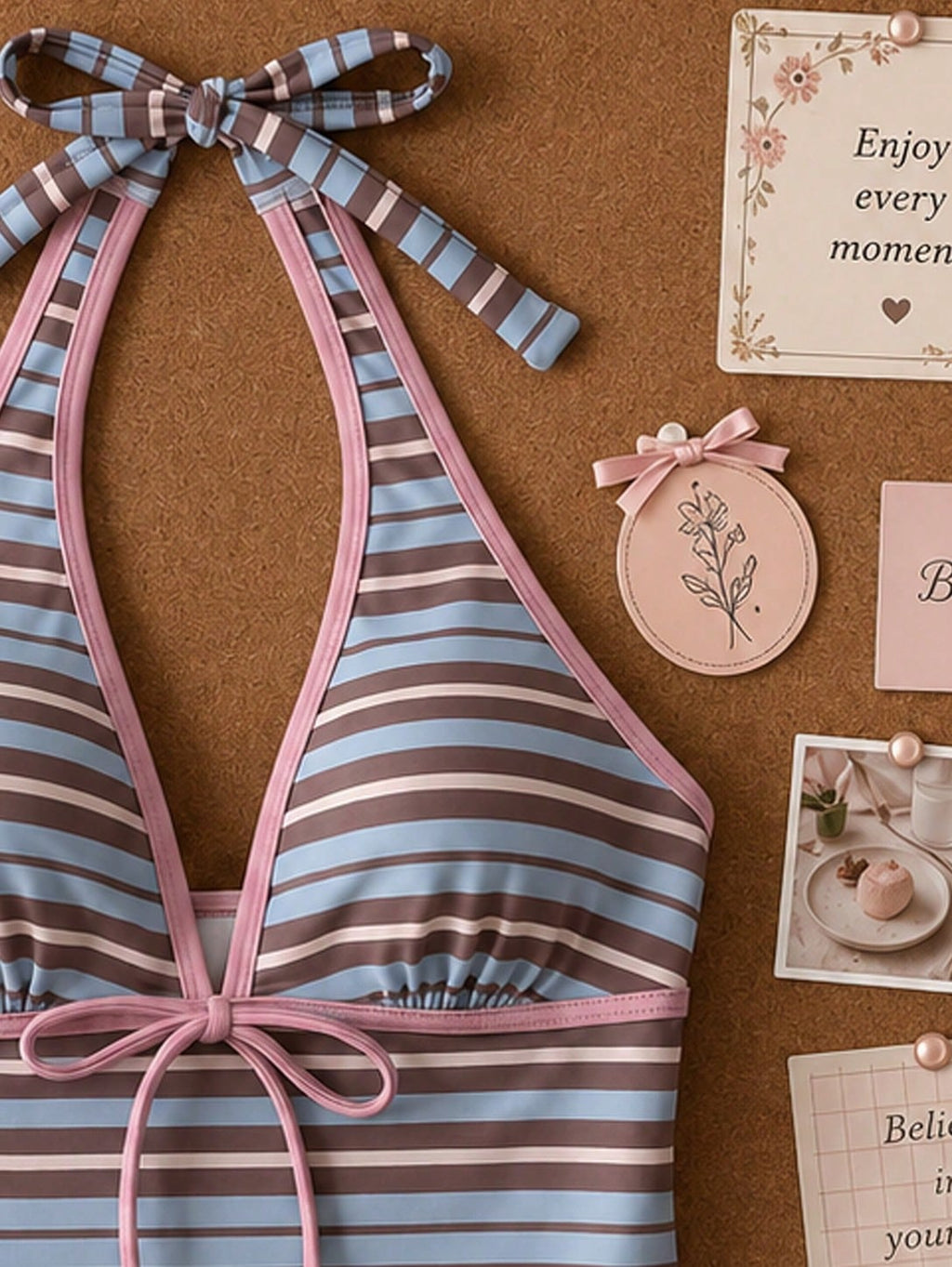 New Summer Fresh Sweet Cute Blue & White Polka Dot Halter Neck Bikini