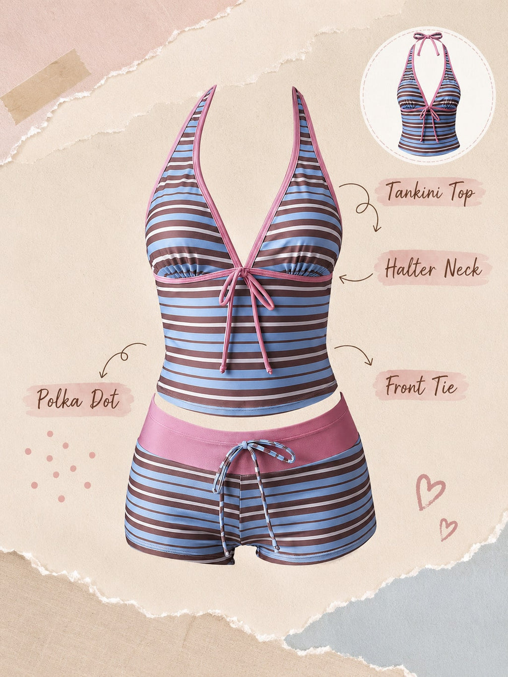 New Summer Fresh Sweet Cute Blue & White Polka Dot Halter Neck Bikini