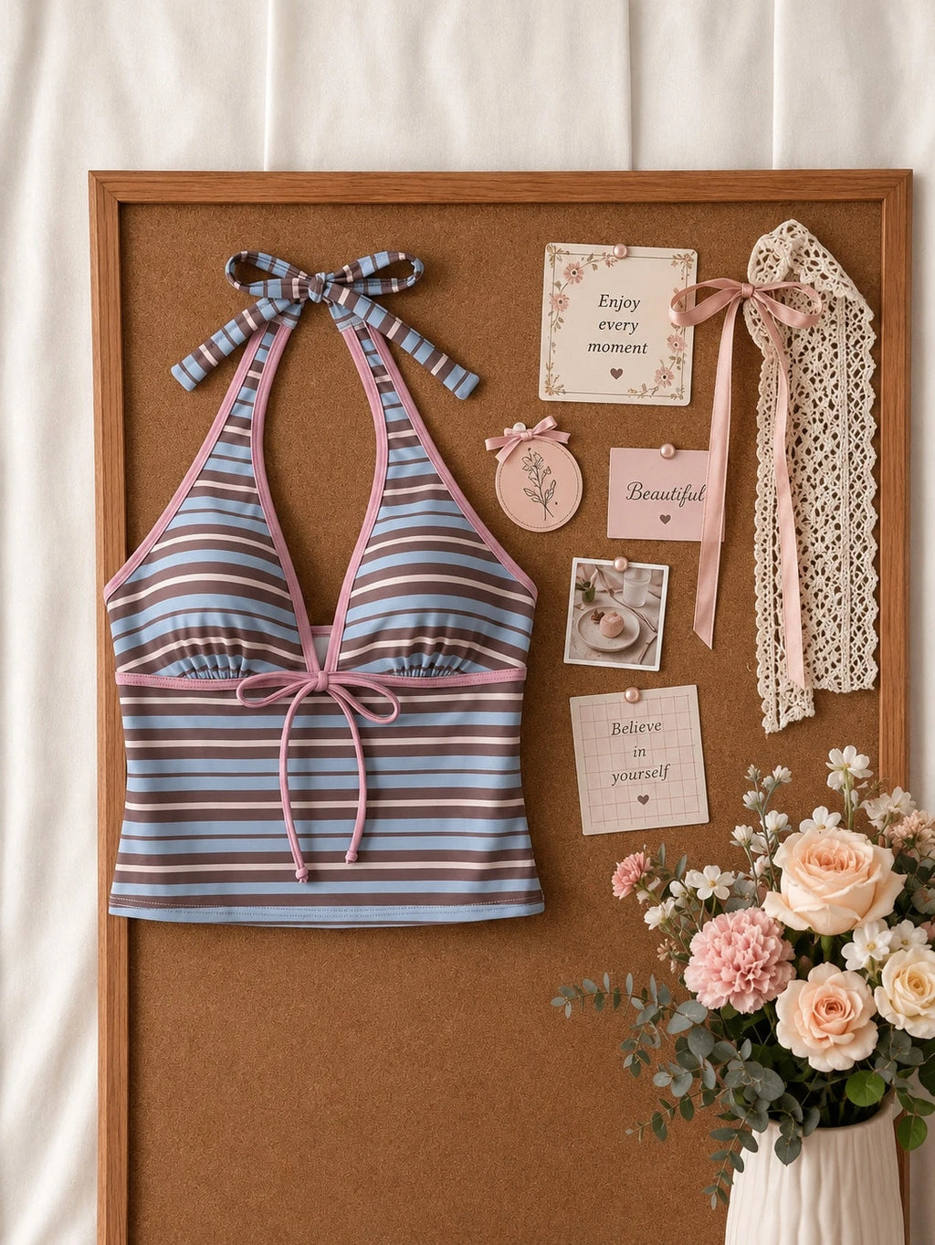 New Summer Fresh Sweet Cute Blue & White Polka Dot Halter Neck Bikini