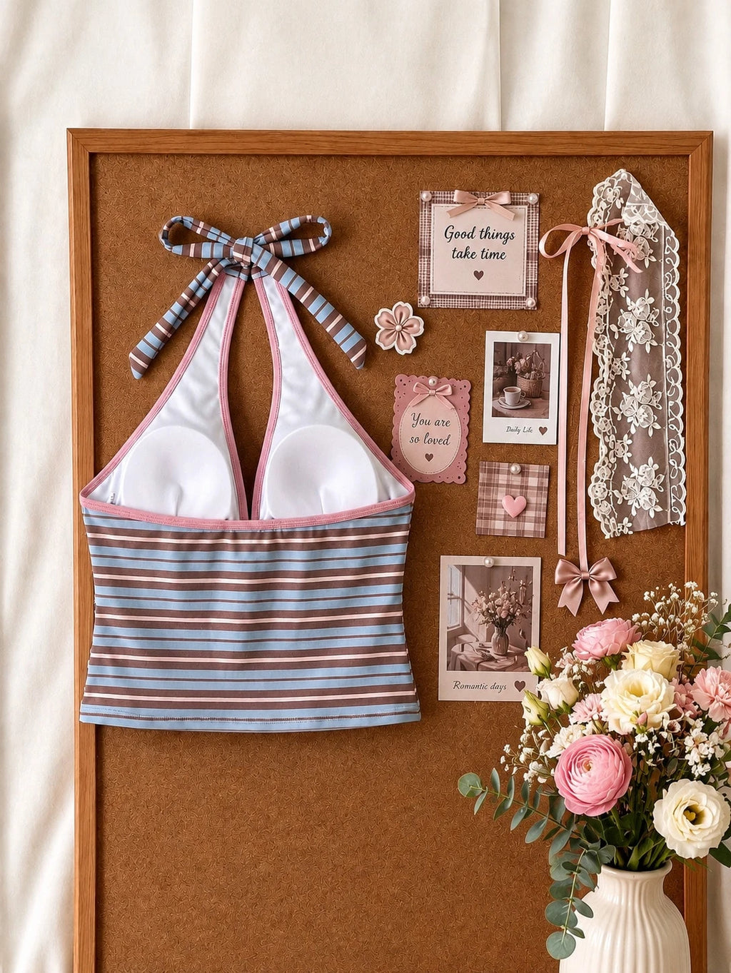 New Summer Fresh Sweet Cute Blue & White Polka Dot Halter Neck Bikini