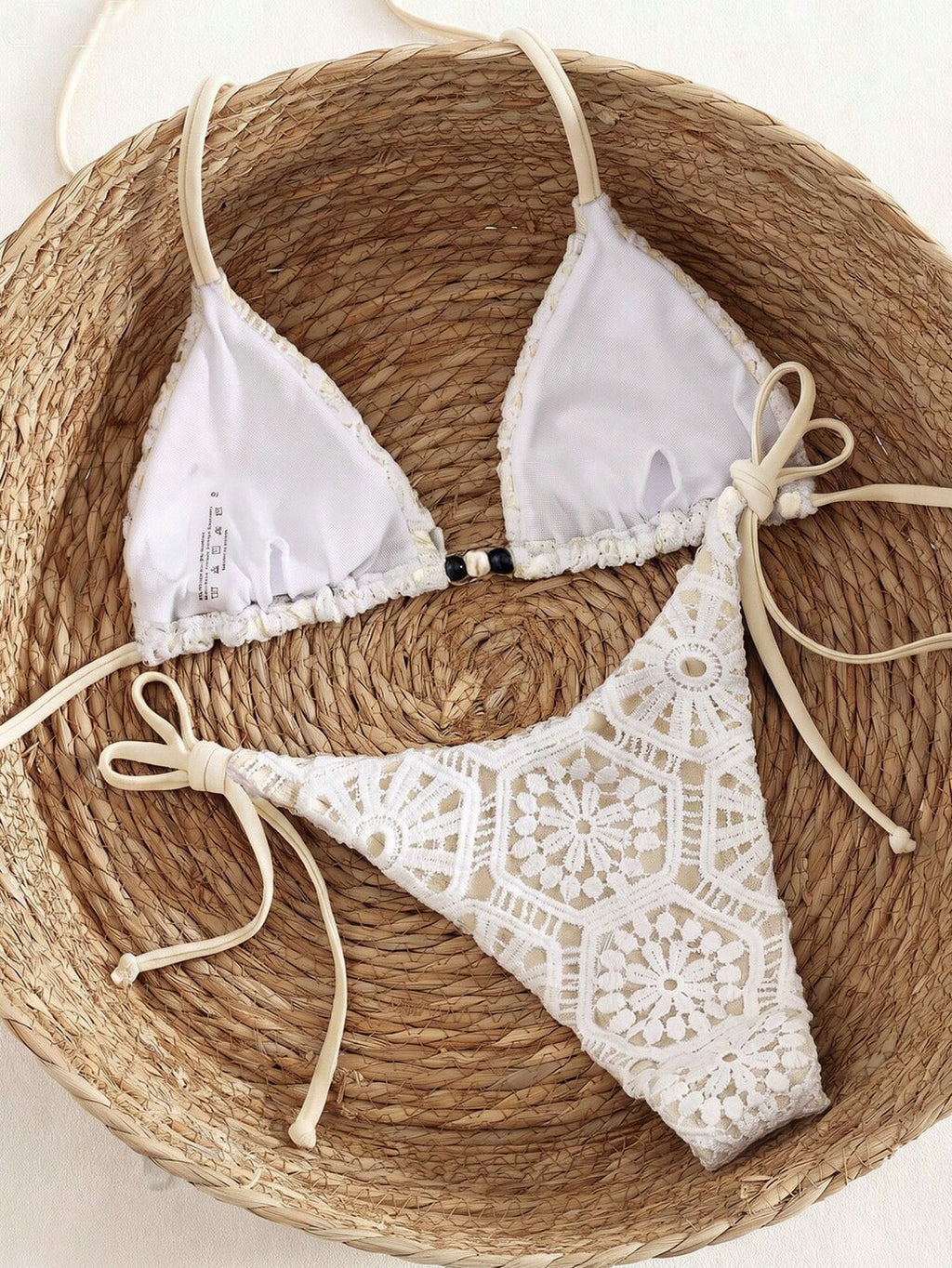 Bonvoyette Women's 2-Piece White Crochet Lace Triangle Bikini