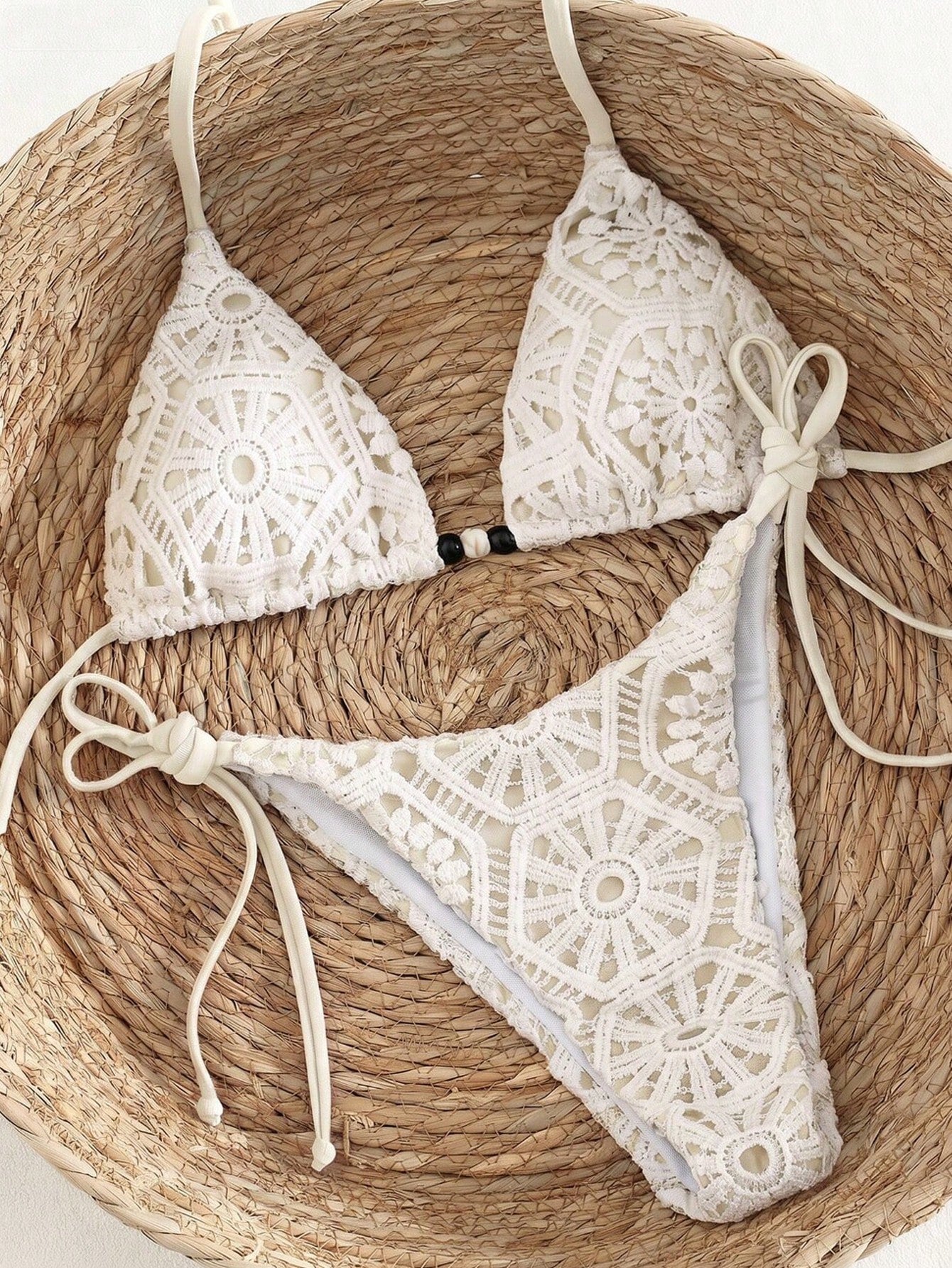 Bonvoyette Women's 2-Piece White Crochet Lace Triangle Bikini