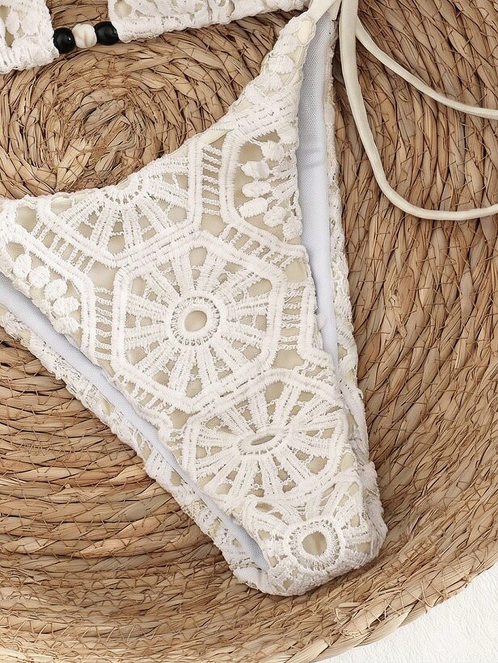 Bonvoyette Women's 2-Piece White Crochet Lace Triangle Bikini Set,Boho Halter Neck Swim Top,High Cut Thong - image 6