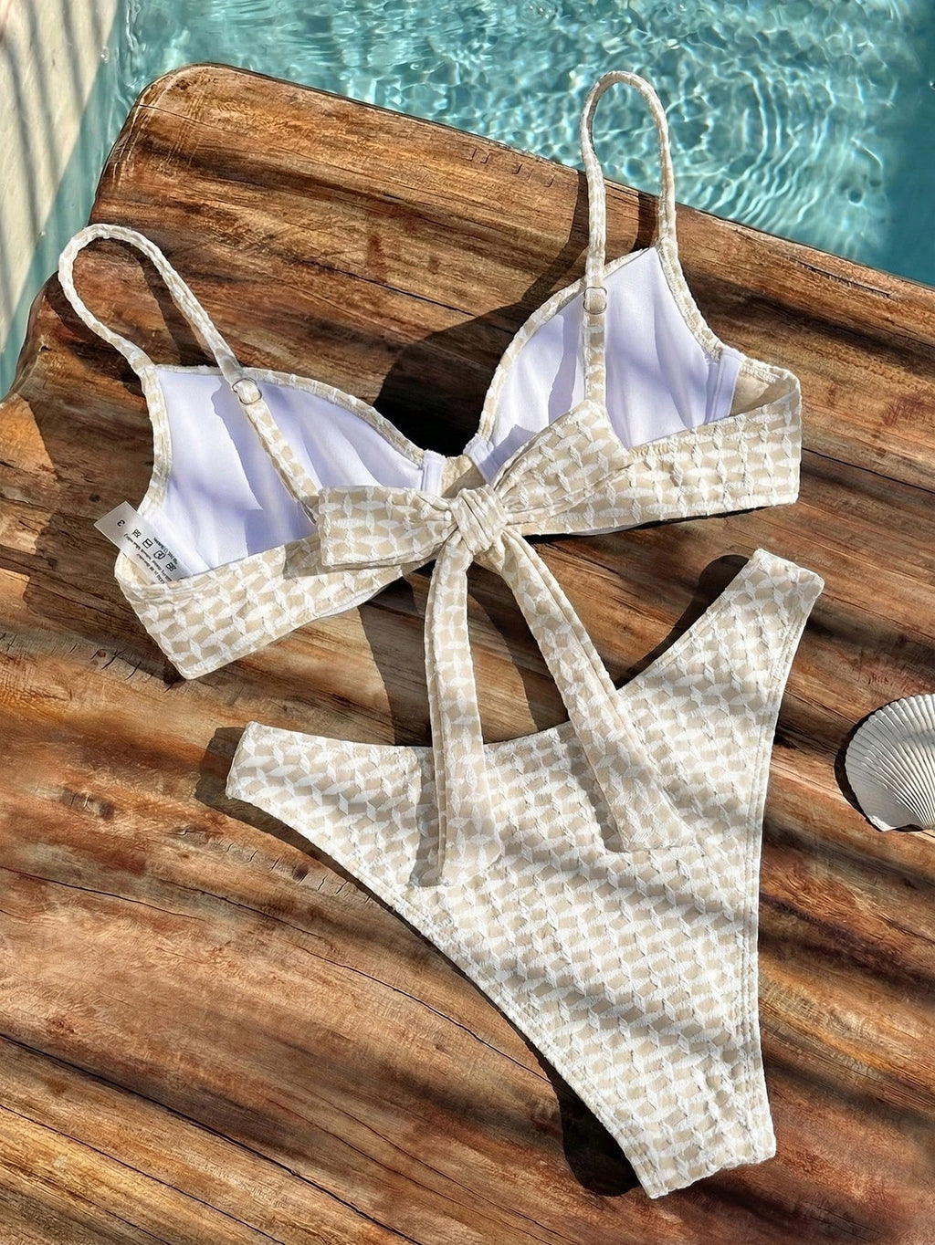Bikinx Women's Jacquard Textured Fabric Bikini Swimwear, Spaghetti Strap Backles