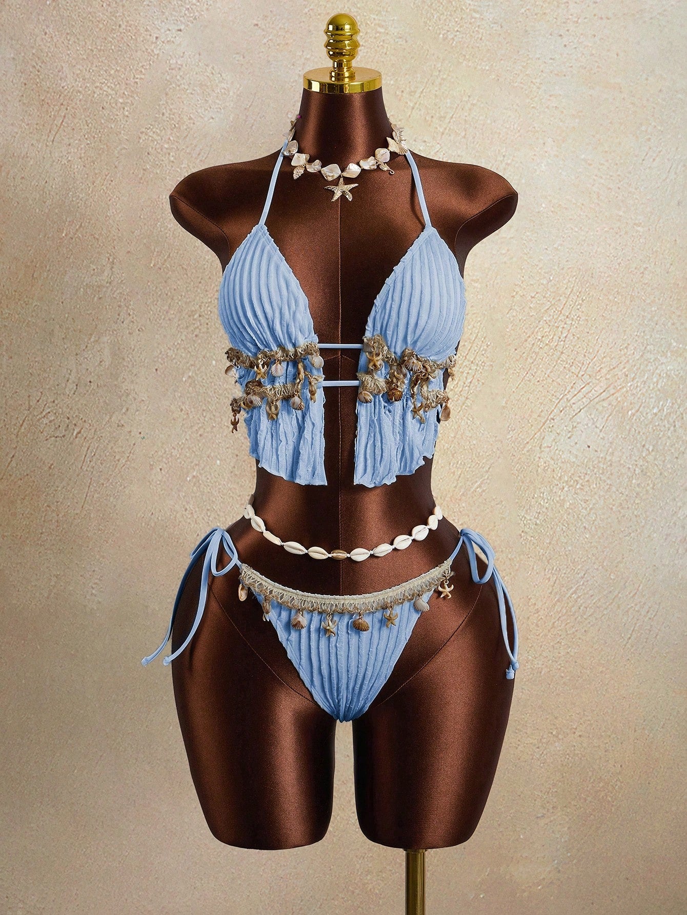 Zestiva Women's 2 Pieces Wavy Striped Shell Tape Splice Tie Neck Bikini Set, Summer,Bohemia,Boho - image 11
