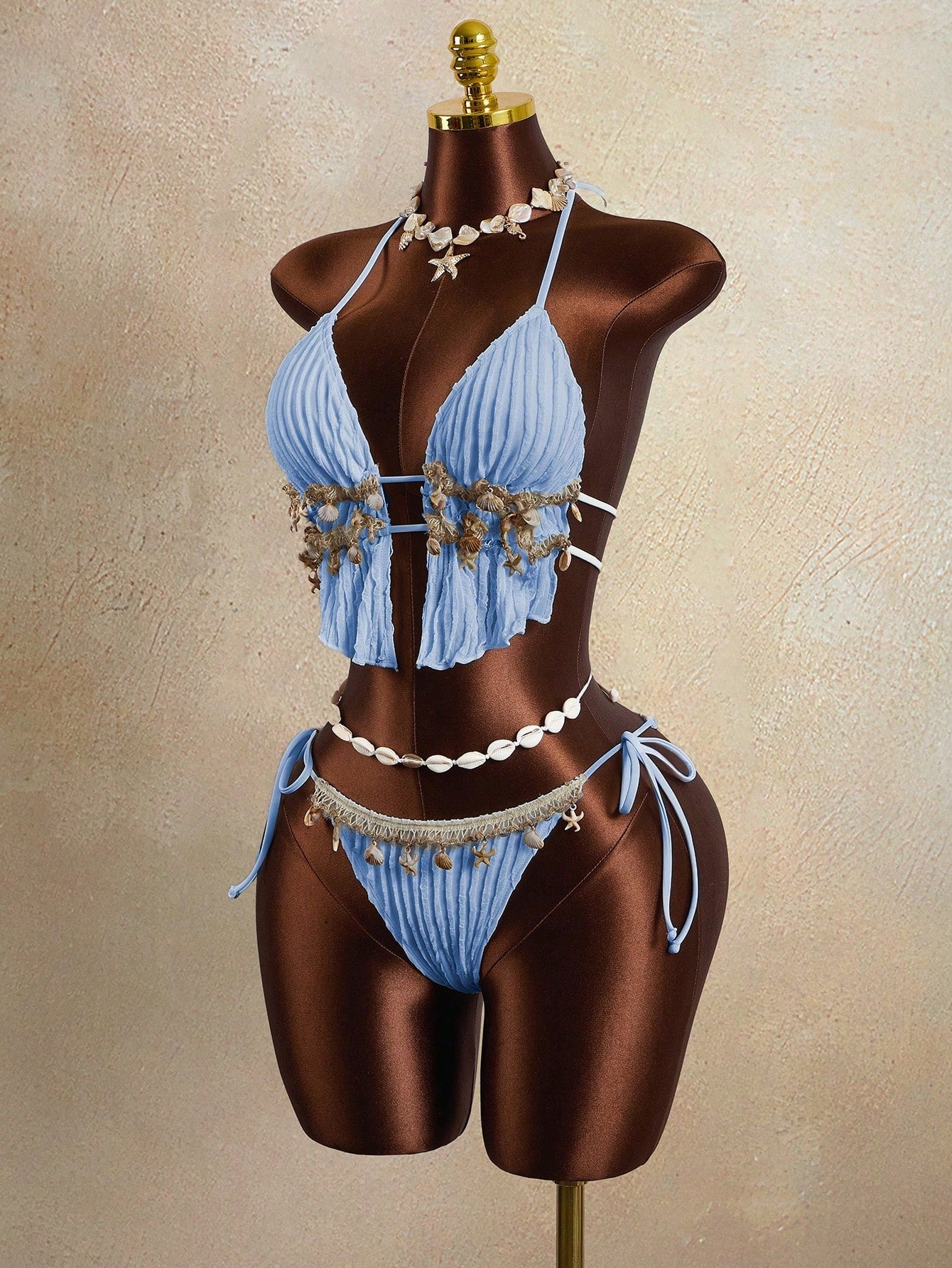 Zestiva Women's 2 Pieces Wavy Striped Shell Tape Splice Tie Neck