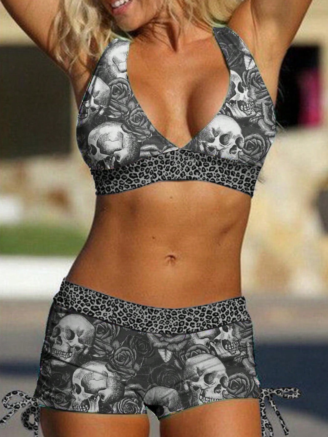 Women's Punk Skull & Leopard Print Two-Piece Swimsuit - Sexy Tie-Up