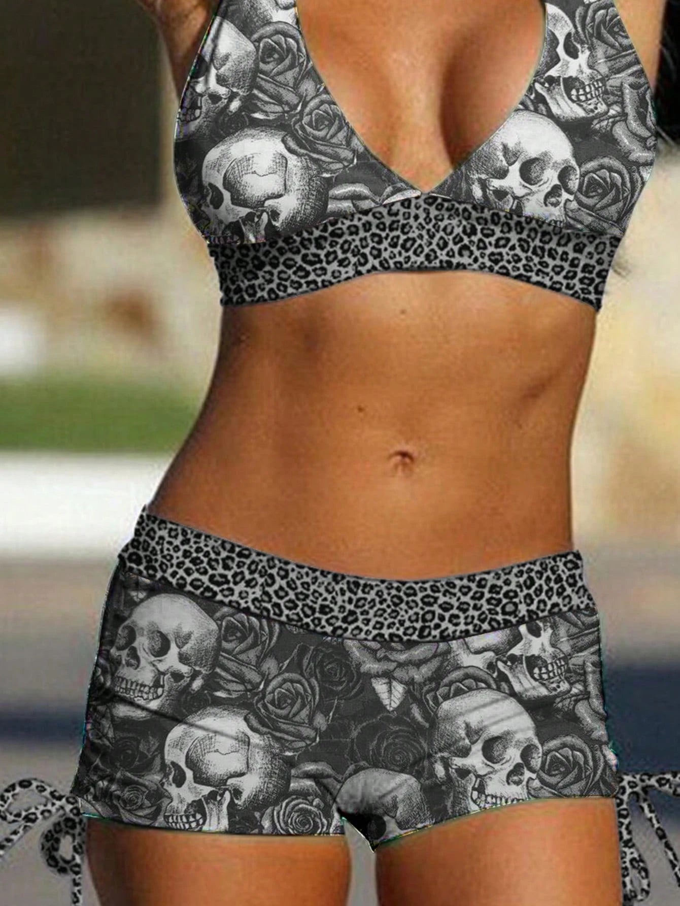 Women's Punk Skull & Leopard Print Two-Piece Swimsuit - Sexy Tie-Up