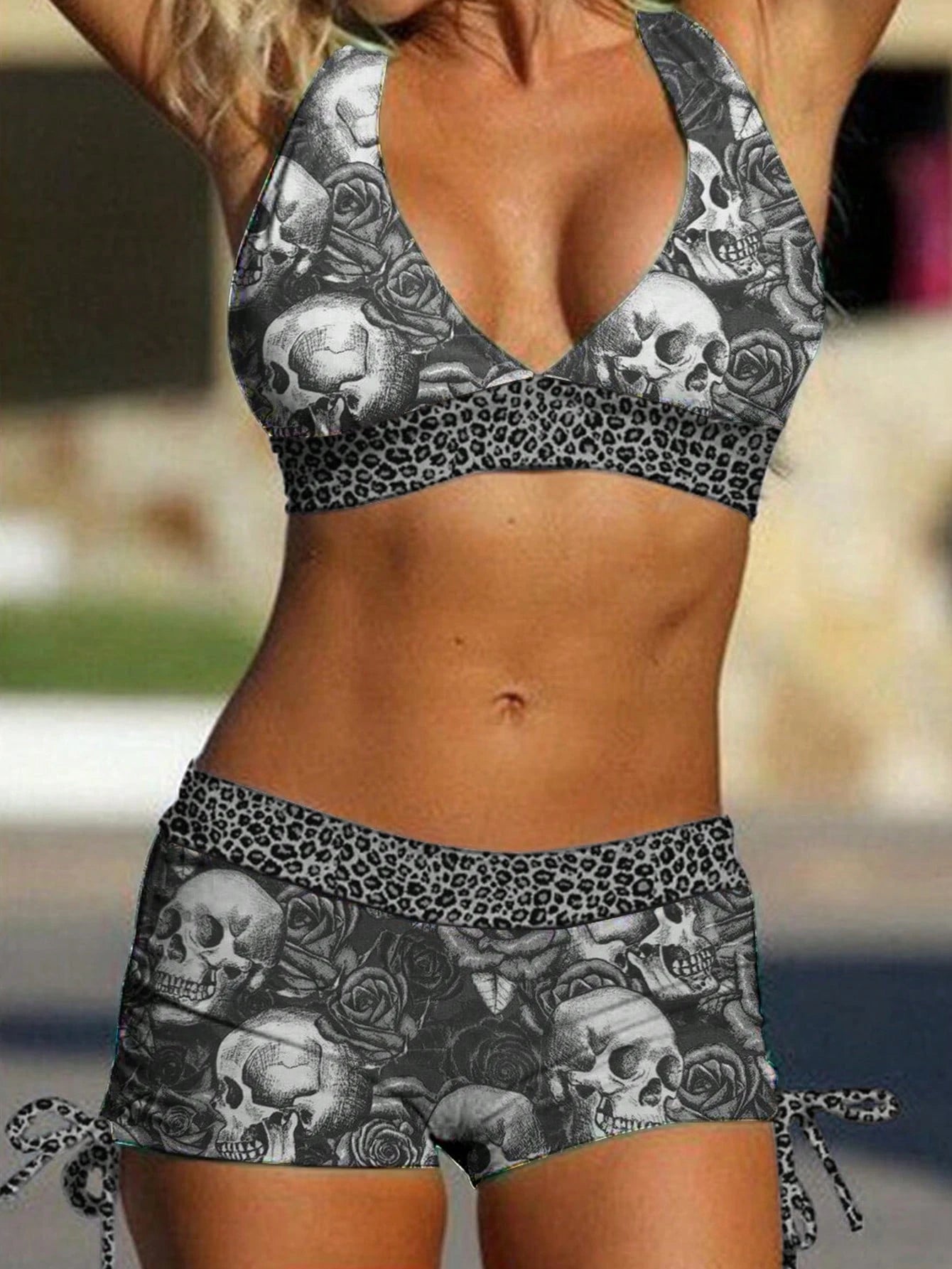 Women's Punk Skull & Leopard Print Two-Piece Swimsuit - Sexy Tie-Up