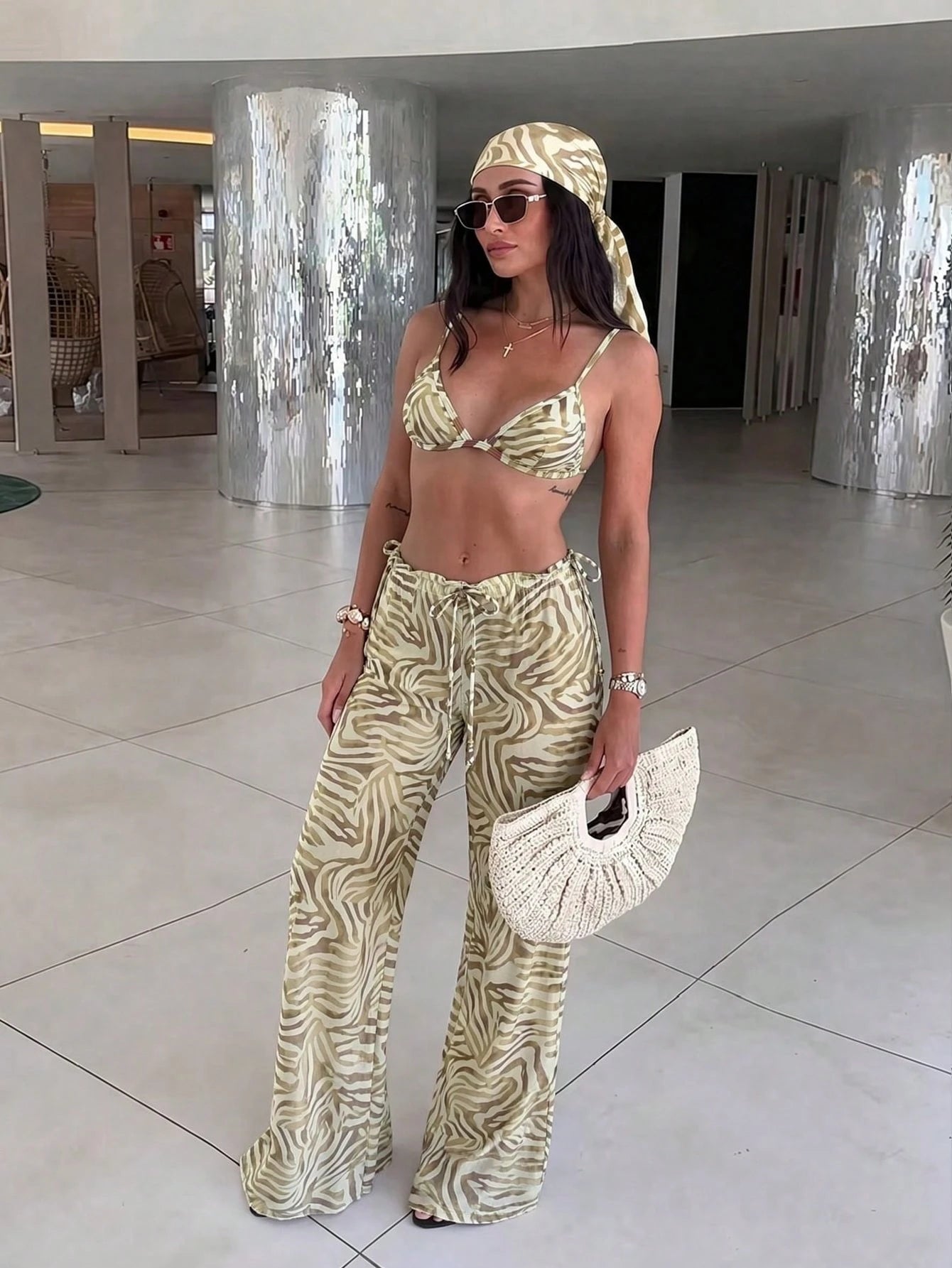 Women's New Sexy Zebra Print Bikini Set With Coverup And Flare Pants,