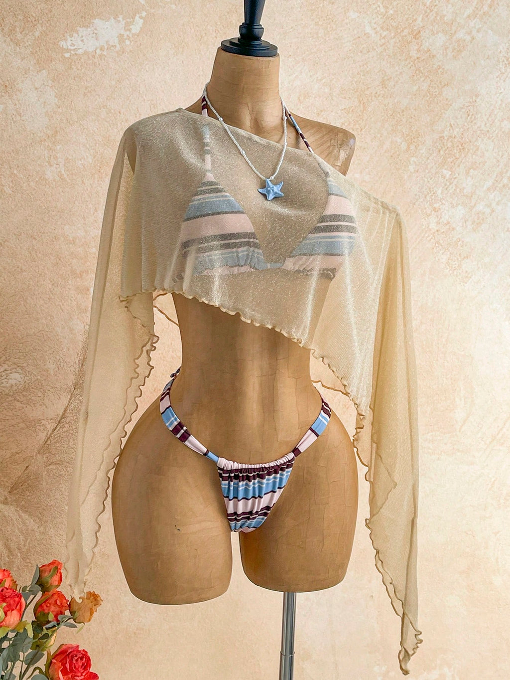 Soleia 3Pcs/Set Women's Off-Shoulder Swimsuit, Beige Blue White