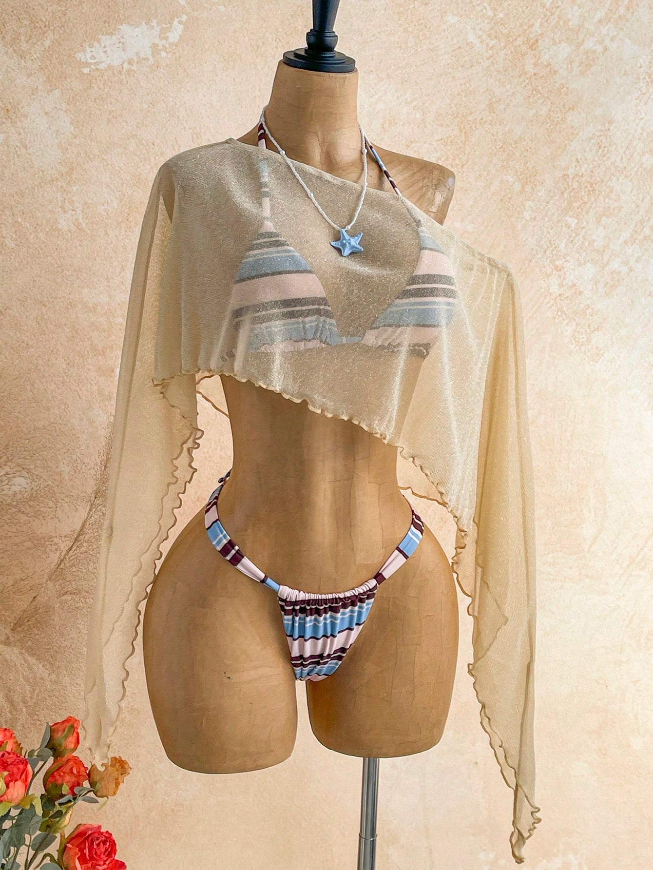 Soleia 3Pcs/Set Women's Off-Shoulder Swimsuit, Beige Blue White