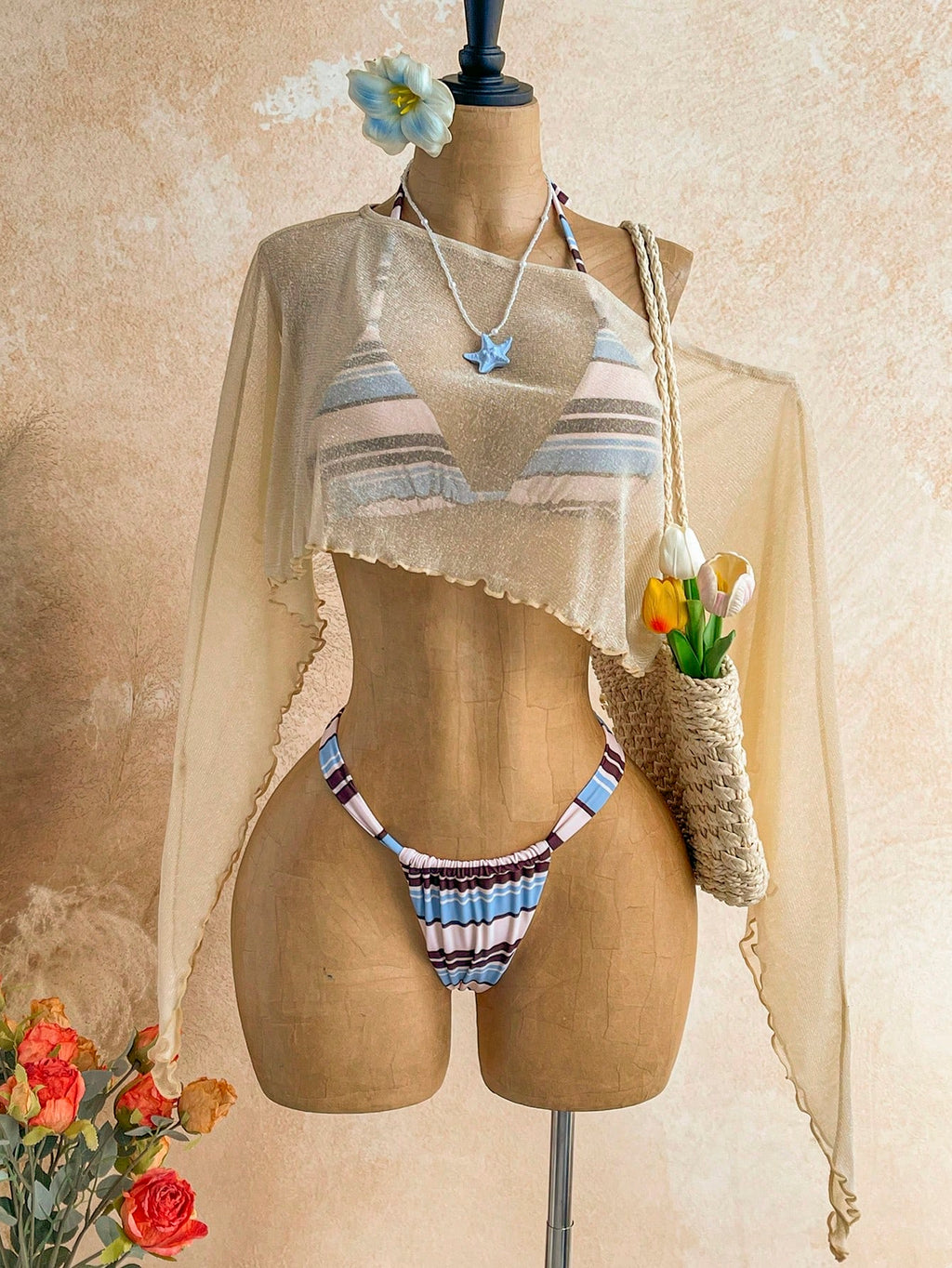 Soleia 3Pcs/Set Women's Off-Shoulder Swimsuit, Beige Blue White