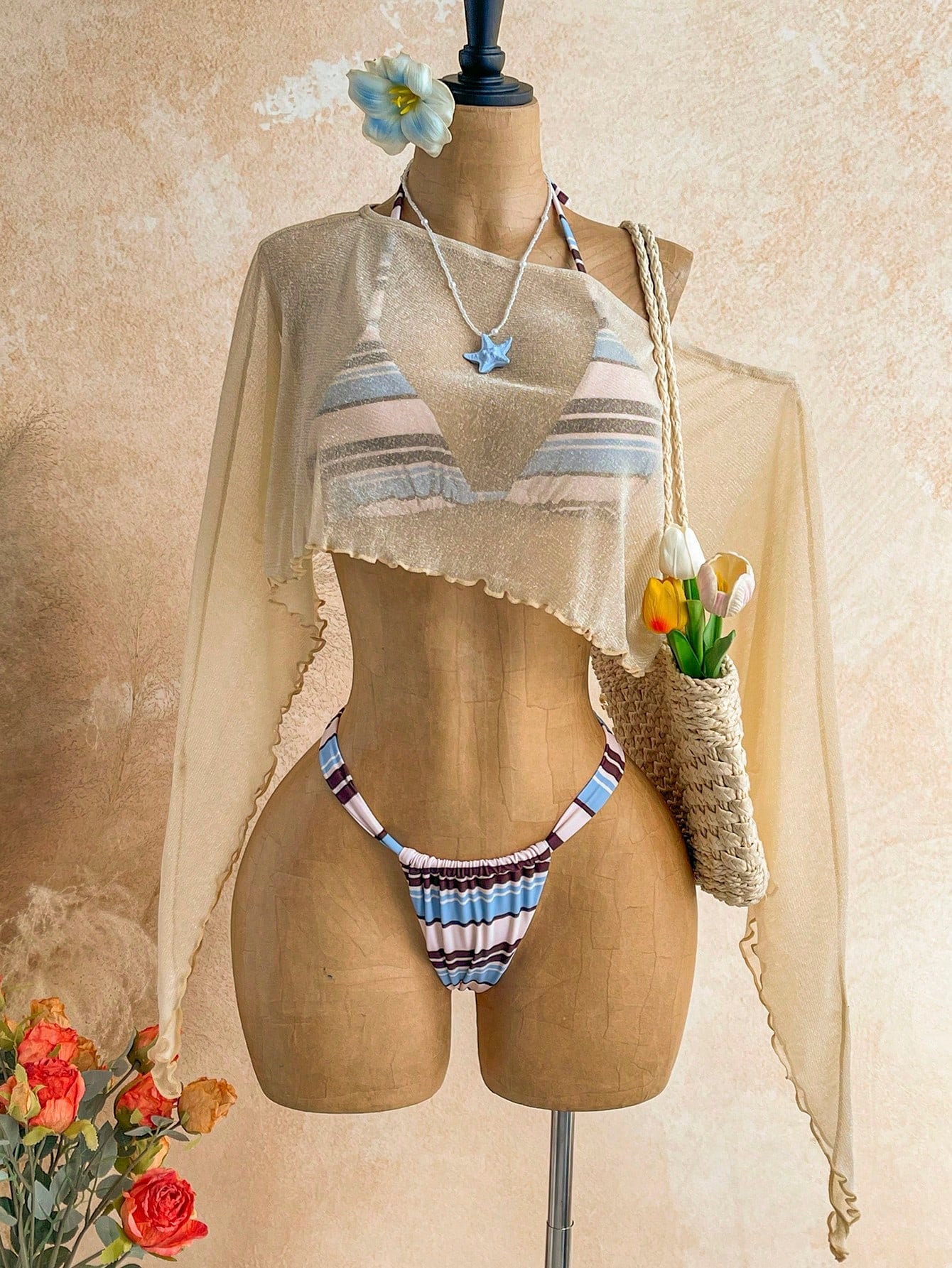 Soleia 3Pcs/Set Women's Off-Shoulder Swimsuit, Beige Blue White