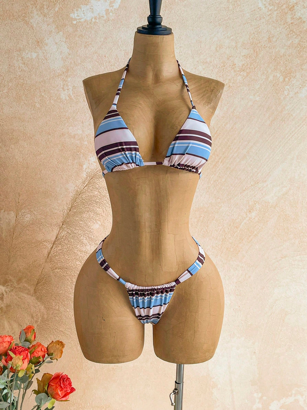 Soleia 3Pcs/Set Women's Off-Shoulder Swimsuit, Beige Blue White