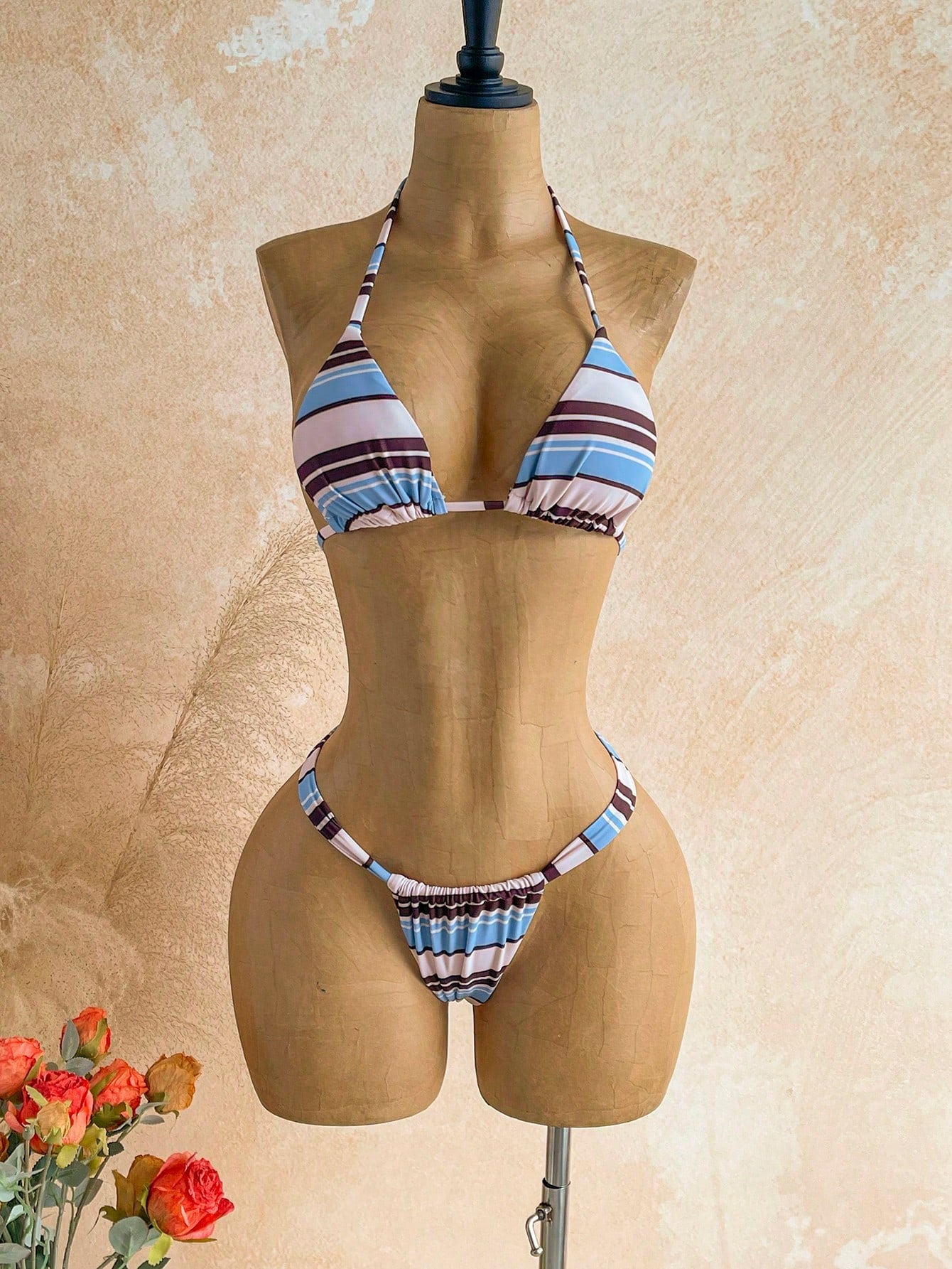 Soleia 3Pcs/Set Women's Off-Shoulder Swimsuit, Beige Blue White
