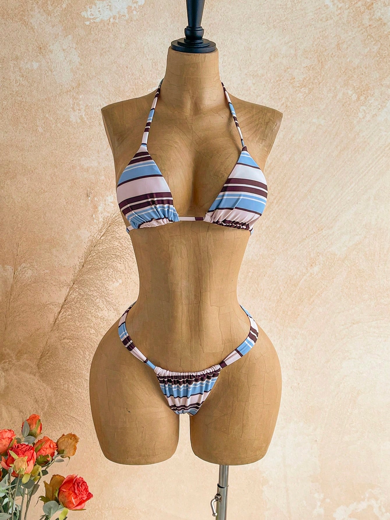 Soleia 3Pcs/Set Women's Off-Shoulder Swimsuit, Beige Blue White