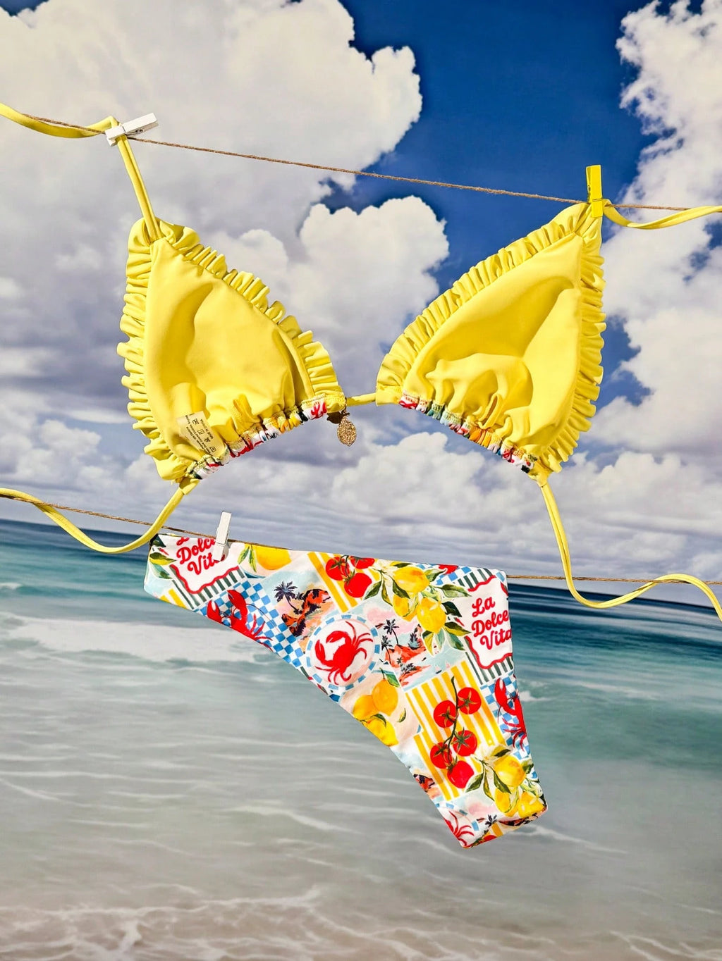 Bonvoyette 2pcs/Set Ocean Lemon Print Triangle Halter Ruffle Trim