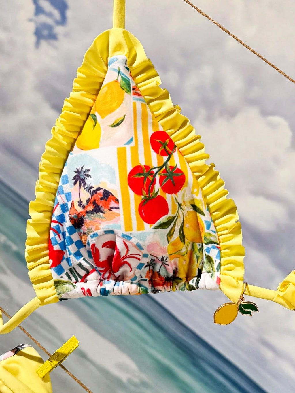 Bonvoyette 2pcs/Set Ocean Lemon Print Triangle Halter Ruffle Trim